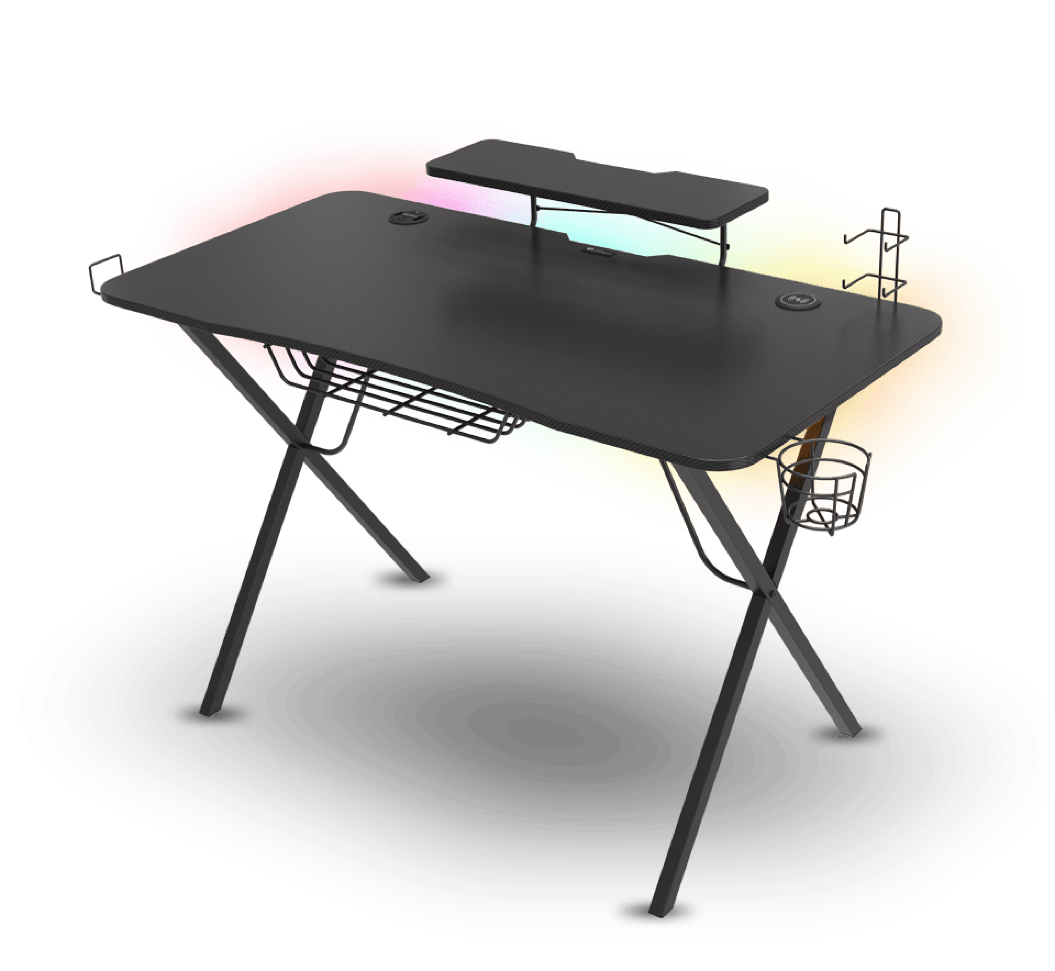 Gaming-Schreibtisch mit eleganter schwarzer Oberfläche, RGB-Beleuchtung, Monitorablage, Kabelmanagement und seitlichen Staufächern