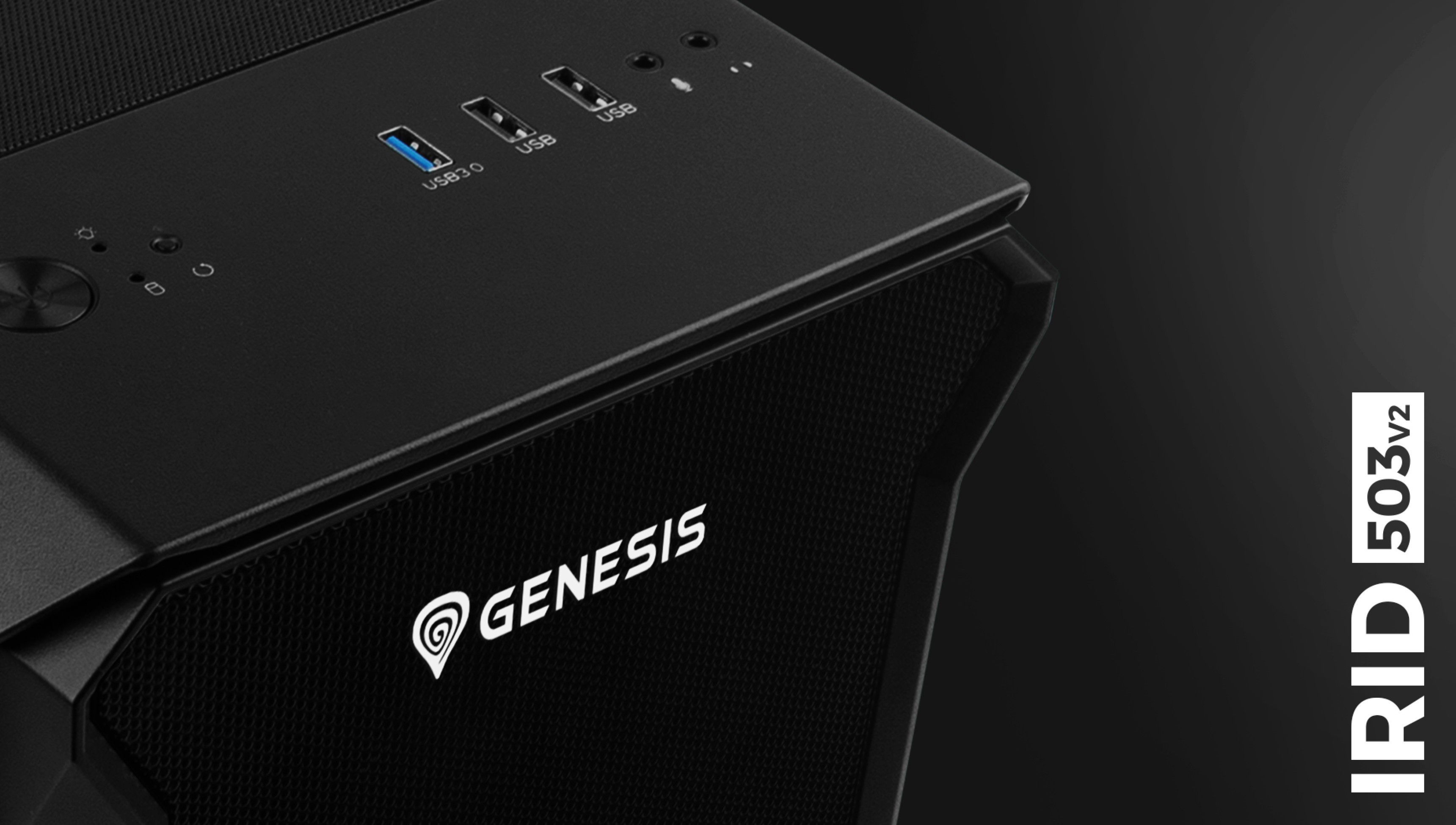 Schwarzes Genesis IRID 503 V2 MATX Mini-Tower-Gehäuse mit USB-Anschlüssen und Power-Taste auf der Oberseite