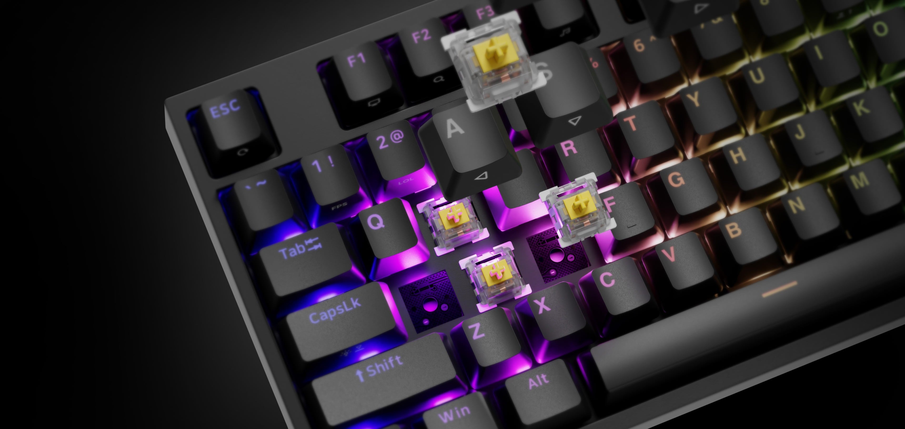 Mechanische Gaming-Tastatur mit RGB-Hintergrundbeleuchtung und Gateron Yellow Pro Switches, mit hervorgehobenen Tasten