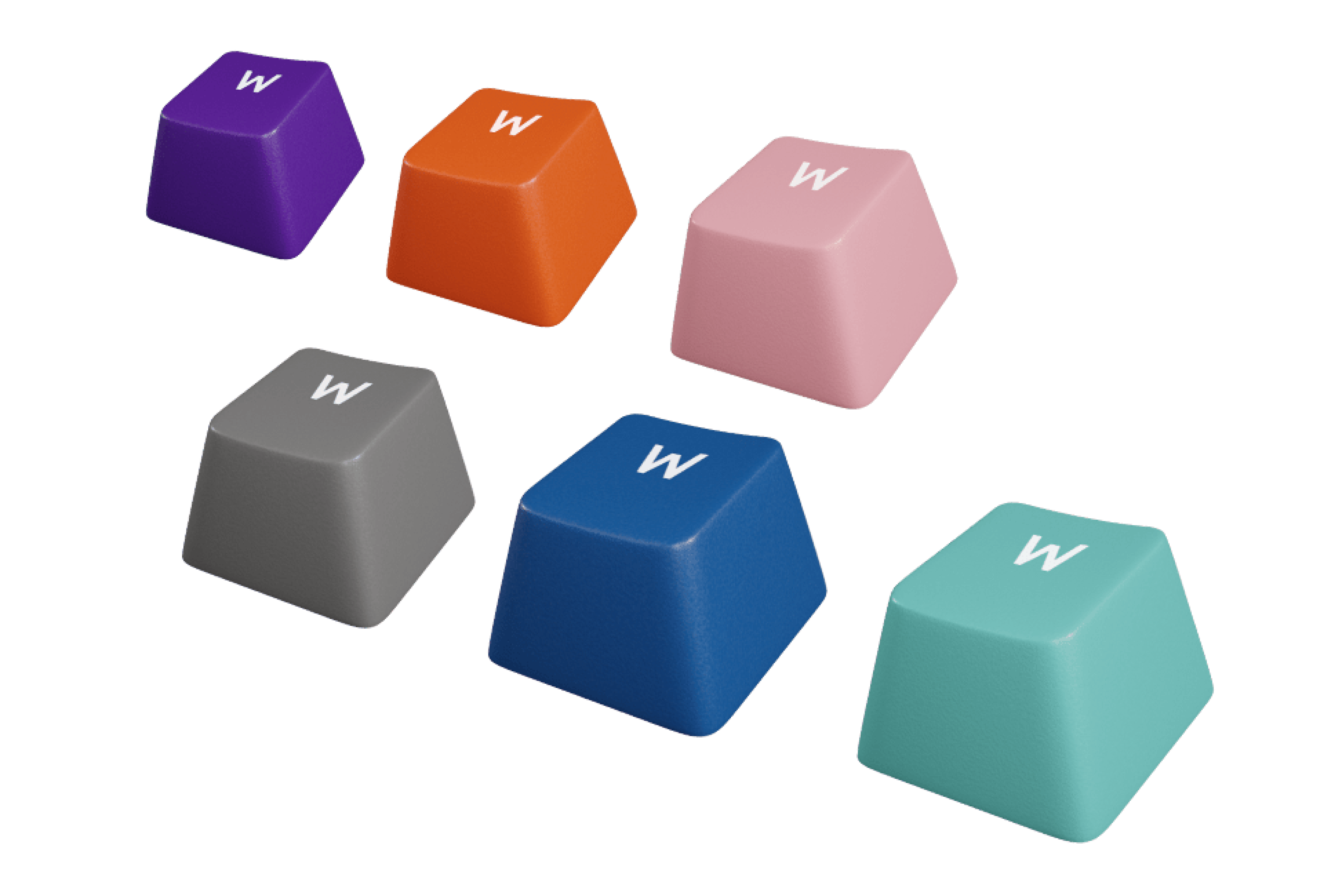 Farbige Tastenkappen in verschiedenen Farben, darunter lila, orange, pink, grau, blau und türkis, alle mit einem weißen "W"-Symbol