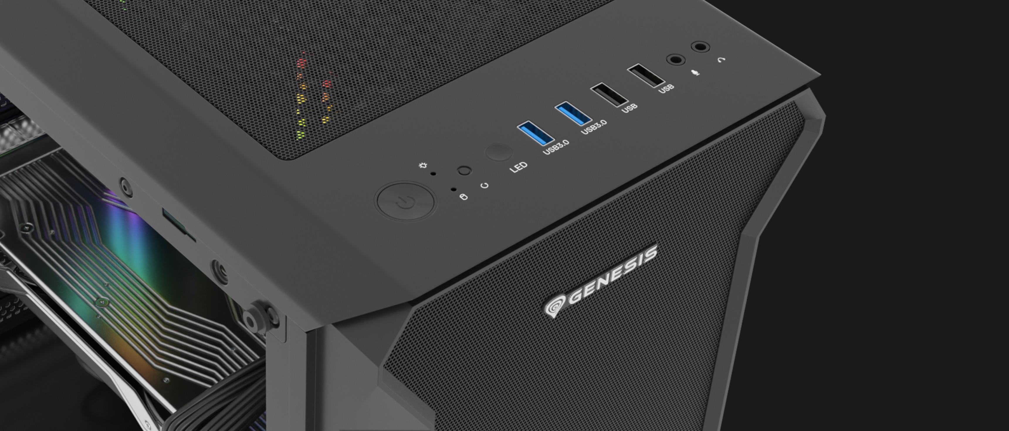 Schwarzes Genesis Irid 505 V2 Midi-Tower-Gehäuse mit transparenter Seitenwand und mehreren Front-I/O-Anschlüssen