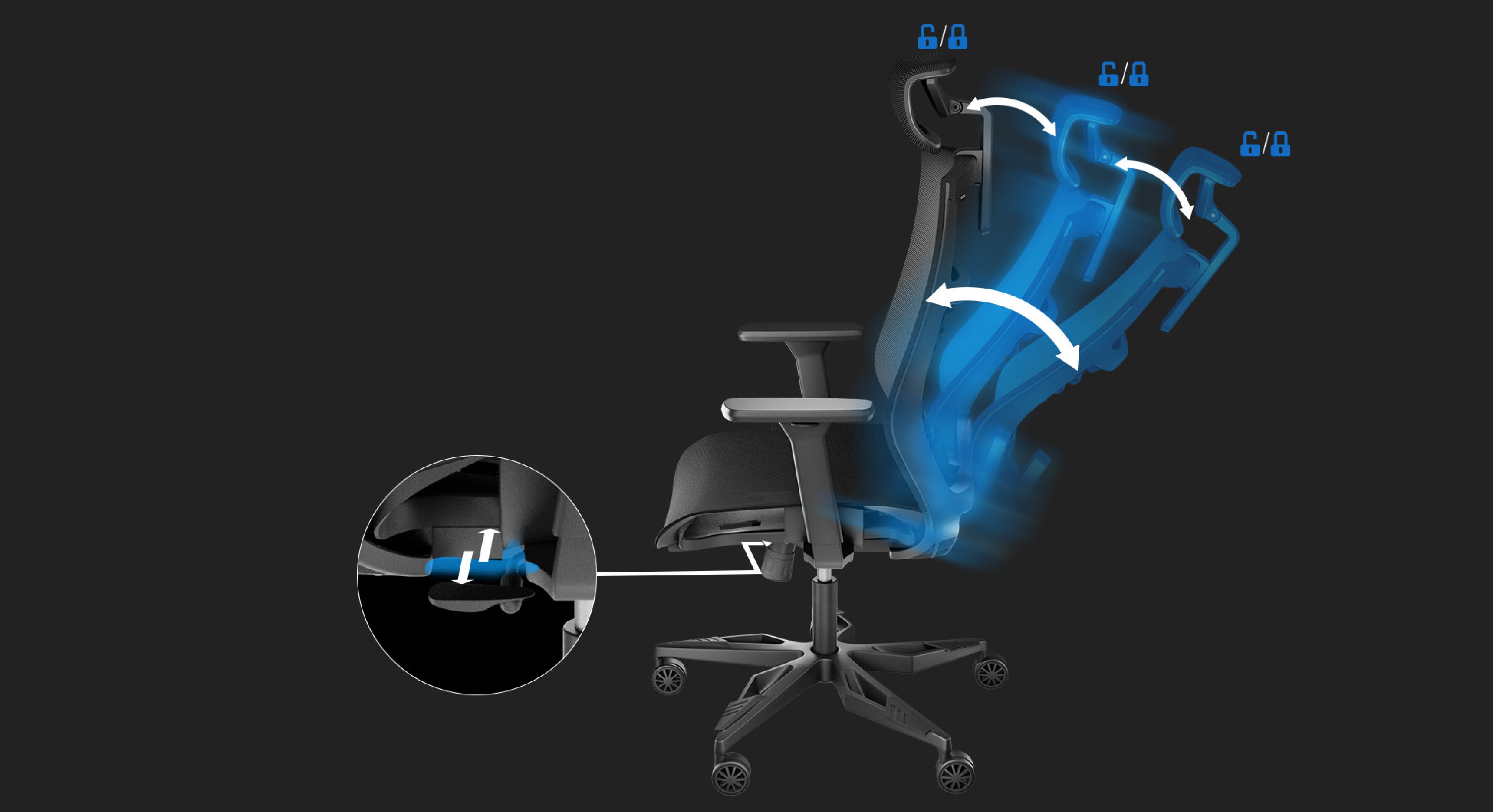 Ergonomischer schwarzer Bürostuhl mit verstellbaren Funktionen und abgebildeten Liegeflächen für optimalen Komfort