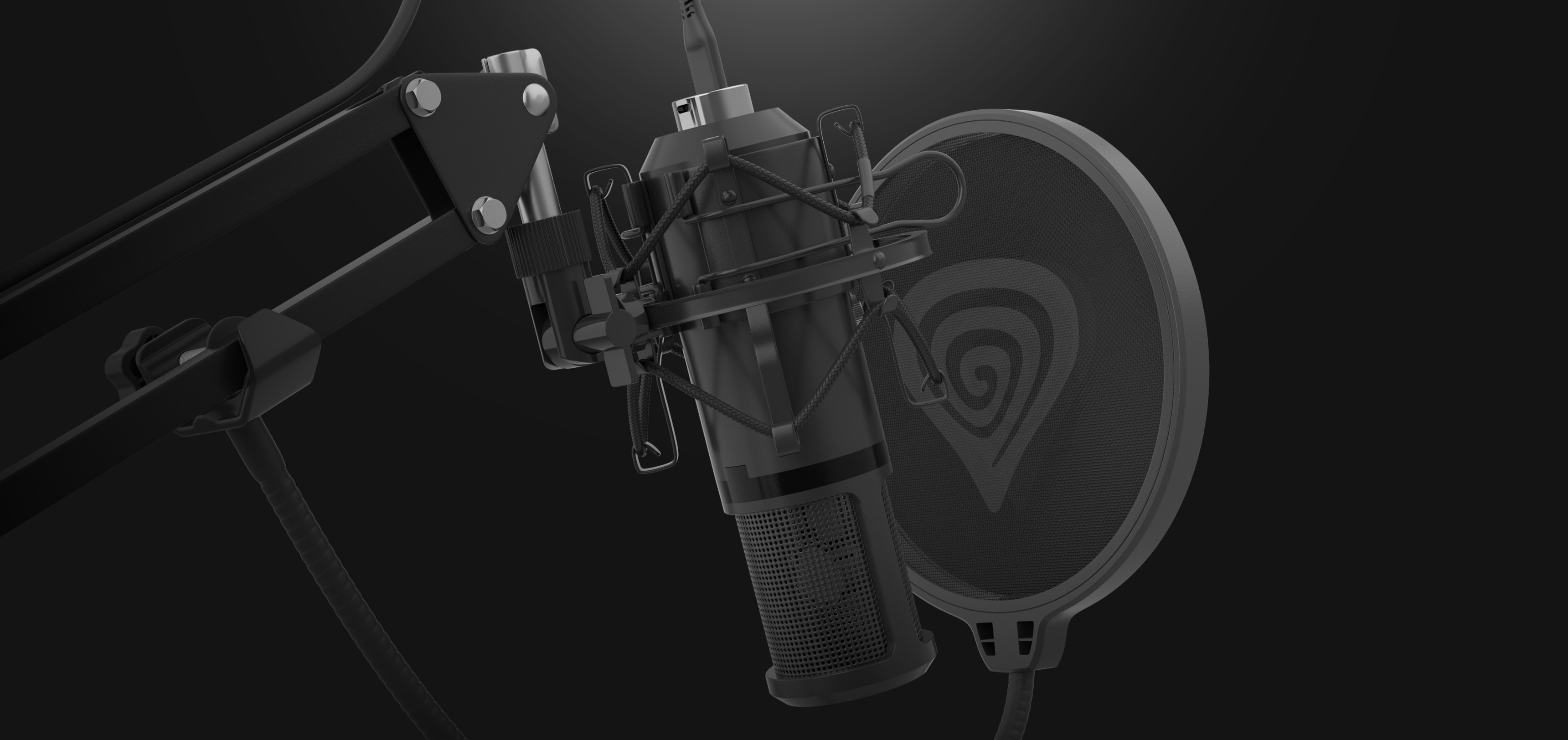Professionelles USB-Mikrofon mit Pop-Filter, montiert an einem verstellbaren Arm vor einem dunklen Hintergrund
