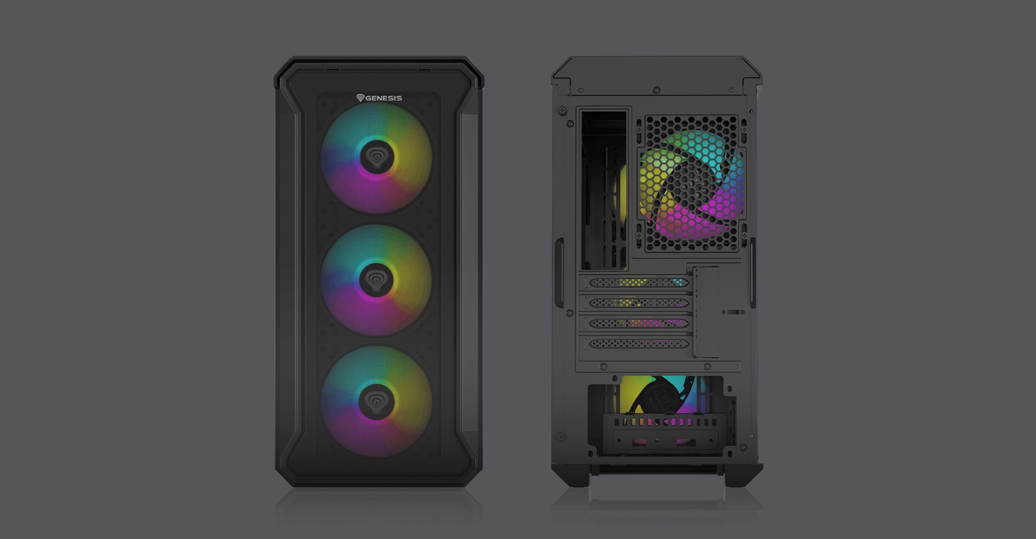Schwarzes MATX Mini-Tower-Gehäuse mit transparenter Seitenwand und drei ARGB-Lüftern, die lebendige Lichteffekte erzeugen