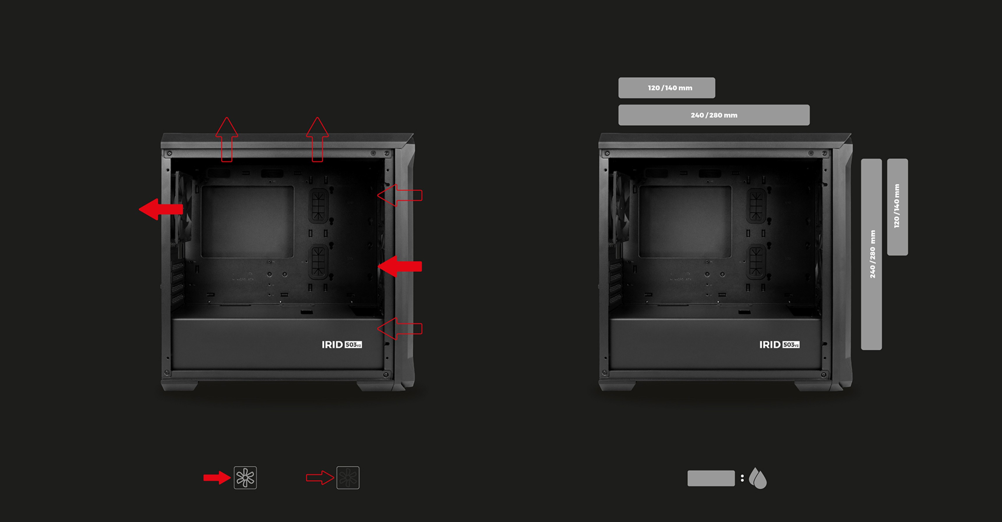 Schwarzes Genesis Irid 503 V2 MATX Mini-Tower-Gehäuse mit transparenter Seitenwand, die die Innenfächer und beschrifteten Funktionen zeigt