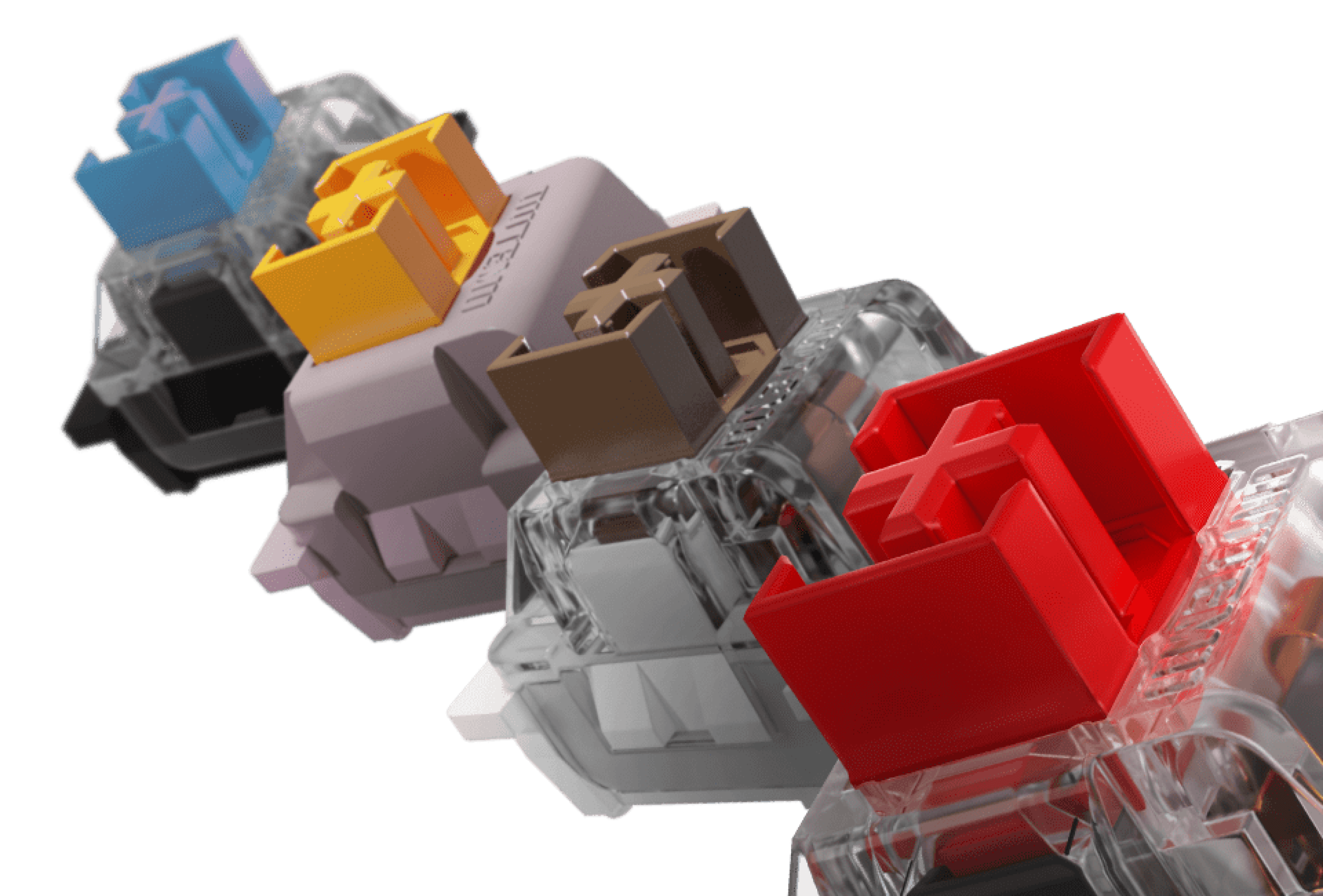 Bunte Tastenkappen in verschiedenen Farbtönen (blau, gelb, braun und rot) auf transparenten Schaltern, die ein Double-Shot-Design zeigen