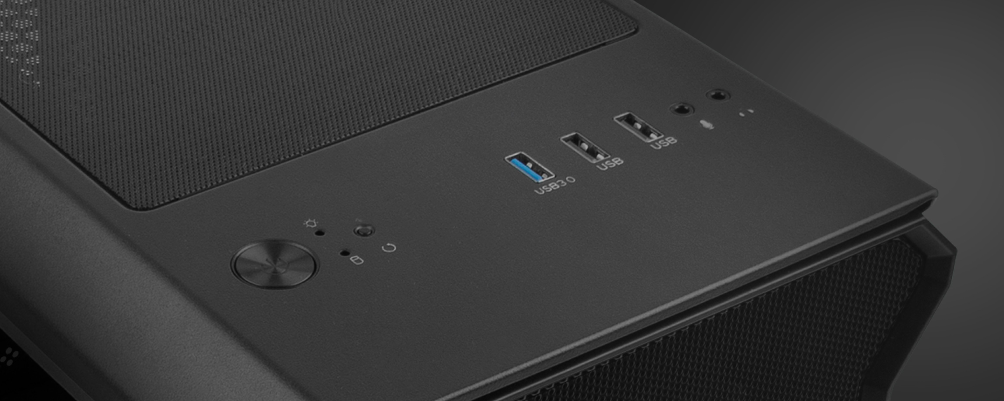 Schwarzes Mini-Tower-Gehäuse mit Mesh-Abdeckung, USB-Anschlüssen und Power/Reset-Tasten
