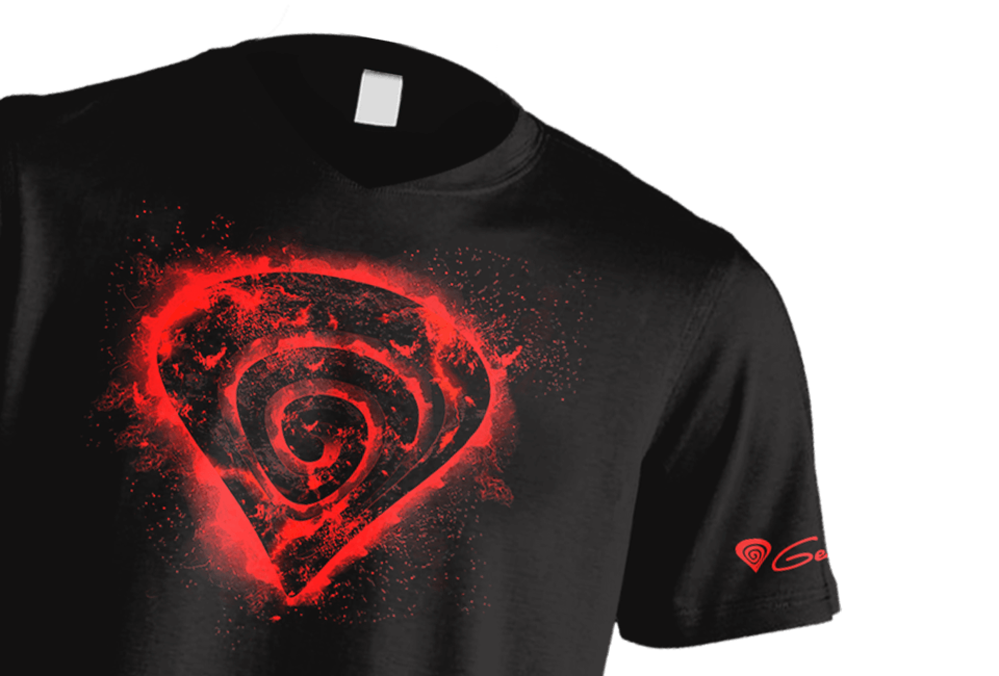 Schwarzes T-Shirt in Größe S mit einem großen roten Spiralmuster auf der Vorderseite und dem Genesis-Logo auf dem Ärmel