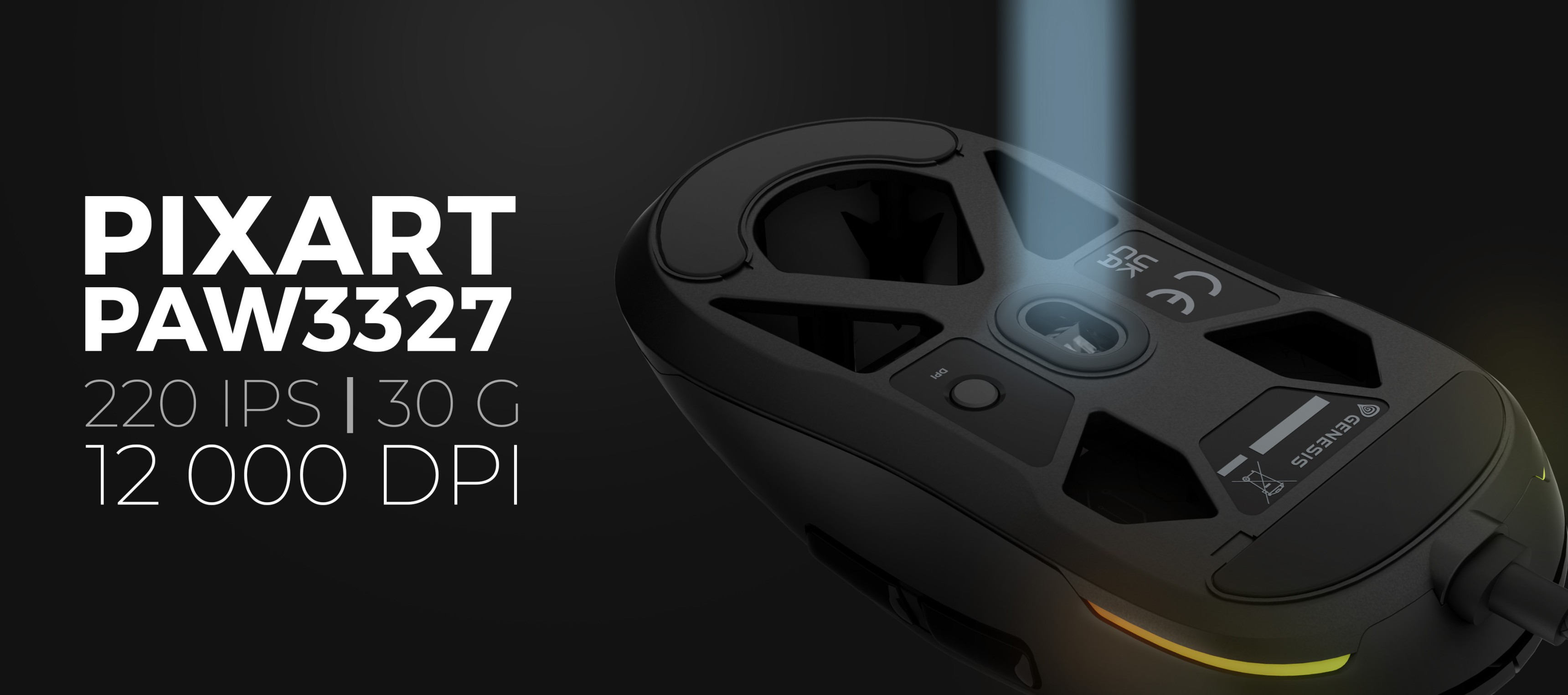 Schwarze RGB-Gaming-Maus mit PixArt PAW3327 Sensor, einstellbarer DPI bis zu 12.000 und anpassbaren Tasten