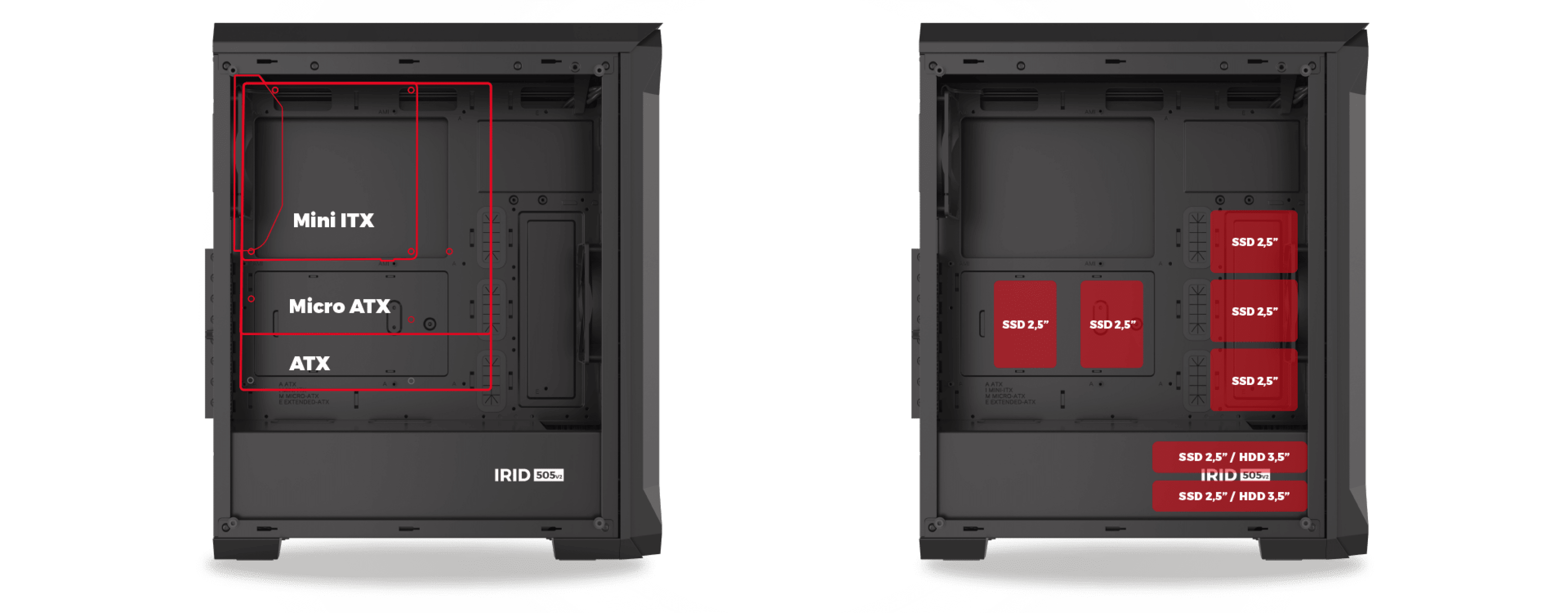 Schwarzes Genesis IRID 505 V2 MIDI-Tower-Gehäuse mit Fenster, mit skizzierten Steckplätzen für Mini-ITX-, Micro-ATX- und ATX-Motherboards