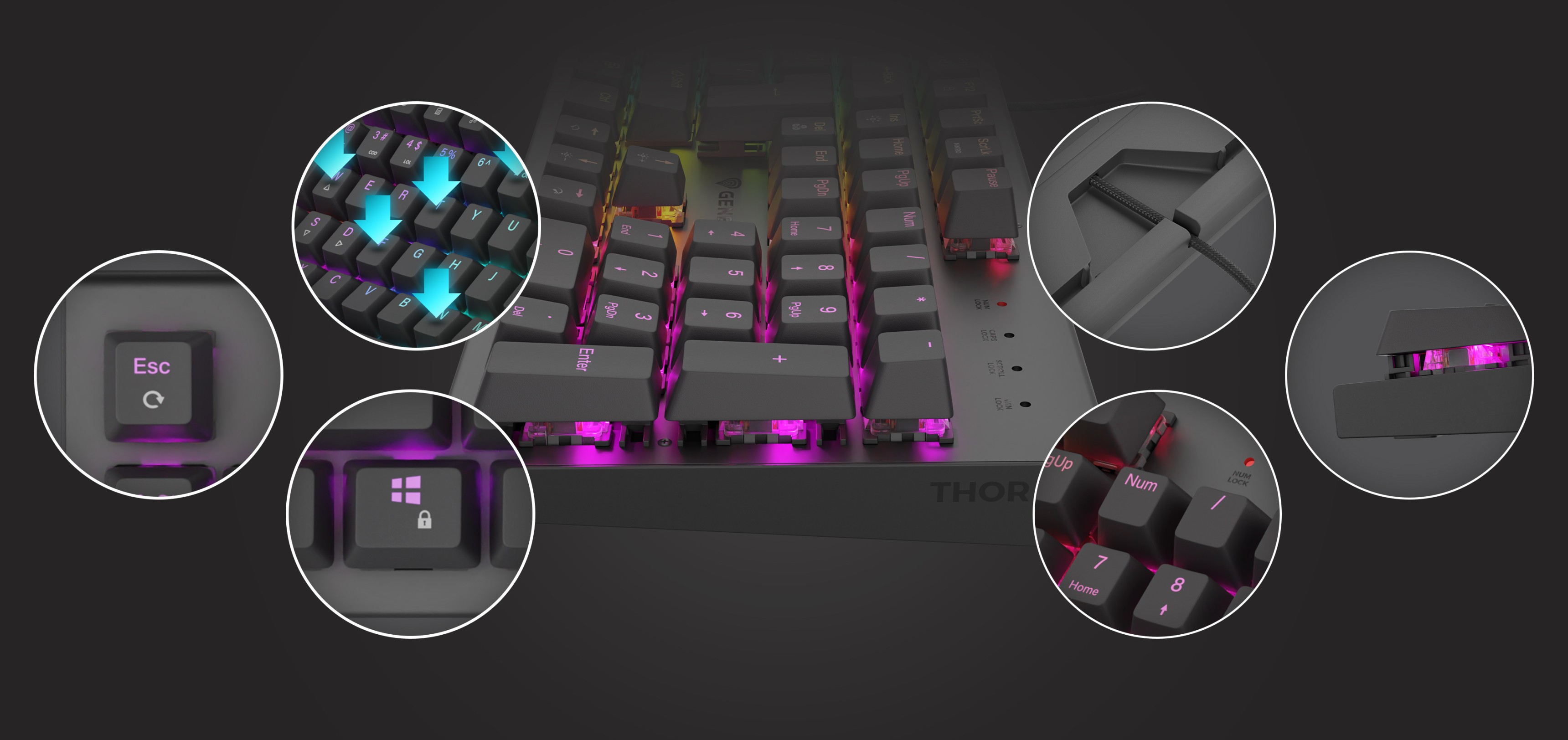 Nahaufnahme der mechanischen Gaming-Tastatur Genesis Thor 303 mit leuchtender RGB-Beleuchtung und Highlight-Features wie Tastenschalter und Designdetails