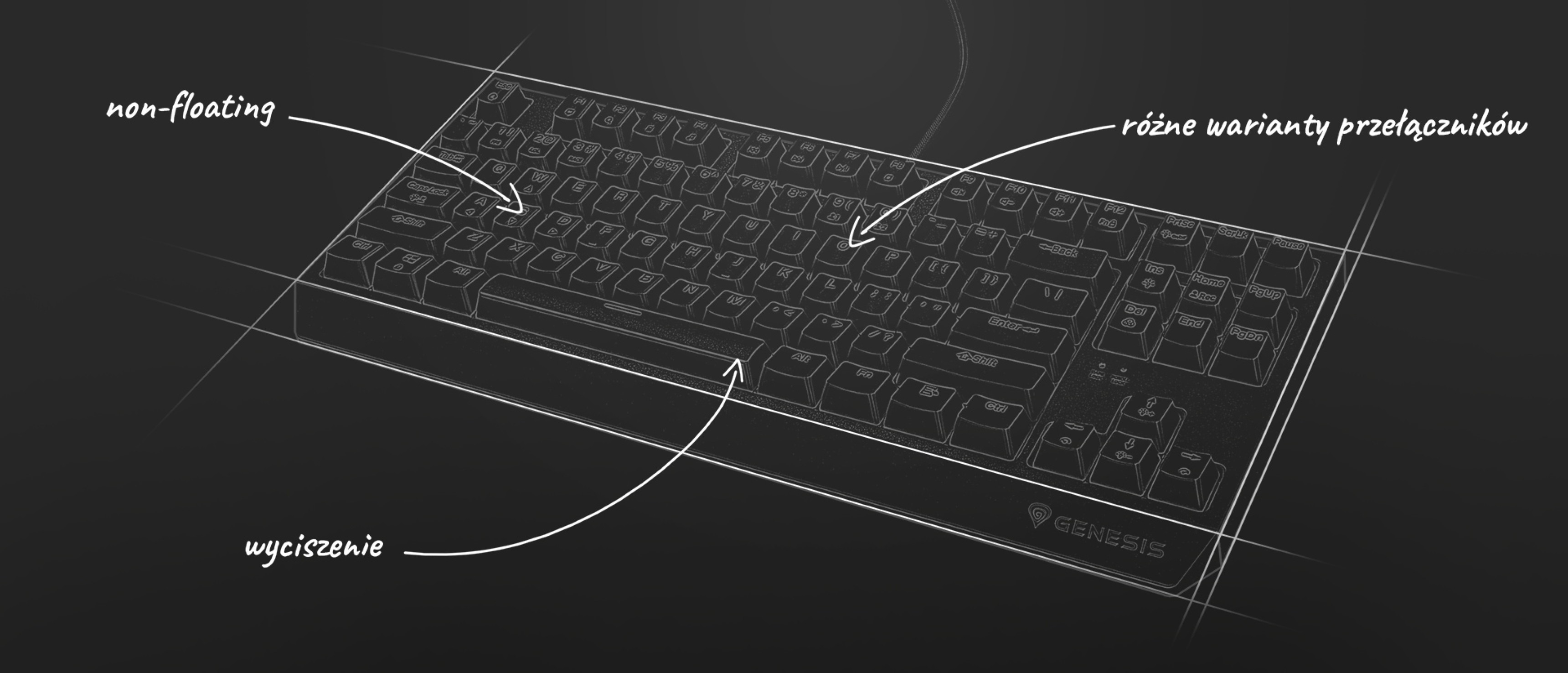 Illustration der Merkmale der mechanischen Tastatur Genesis Thor 230 TKL, die die nicht schwimmenden Tasten und die verschiedenen Schalteroptionen hervorhebt