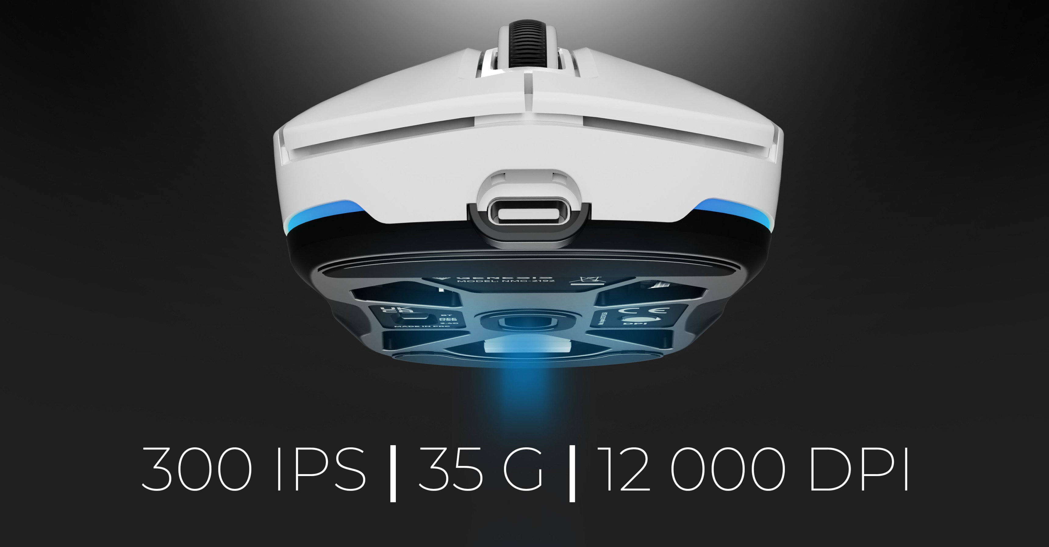 Kabellose Gaming-Maus in Weiß, mit beleuchteter Unterseite und Spezifikationen: 300 IPS, 35 G und 12.000 DPI