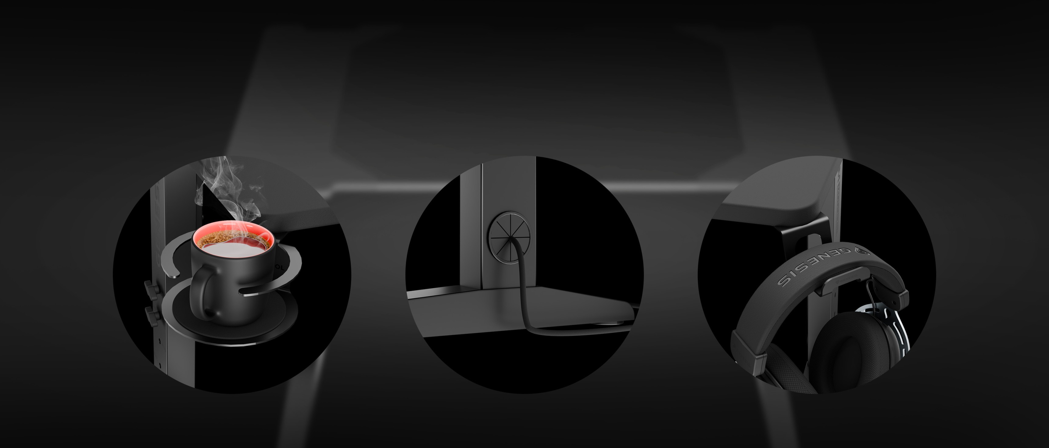Detailansicht des Genesis Holm Modular 160 Corner Gaming Desks mit Becherhalter, Höhenverstellung und Kopfhörerhaken