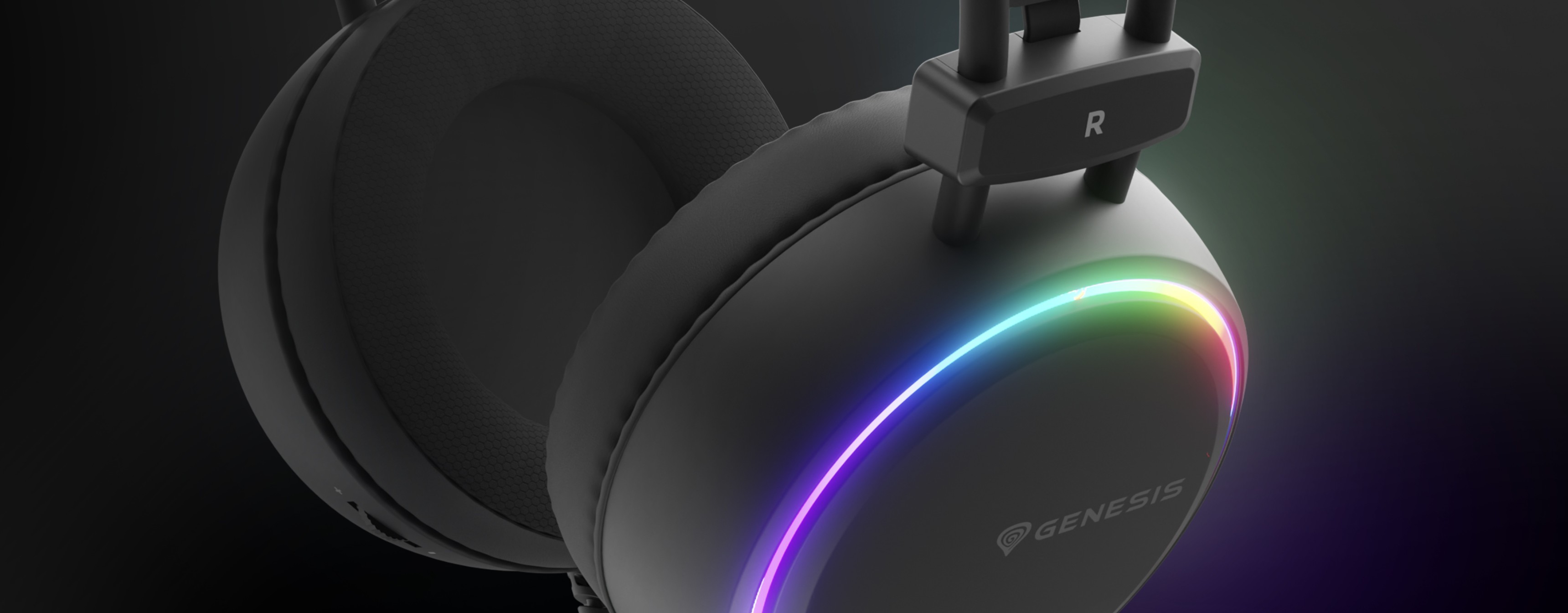Schwarzer Genesis Neon 613 G2 RGB-Kopfhörer mit Mikrofon und farbiger RGB-Beleuchtung an den Ohrmuscheln