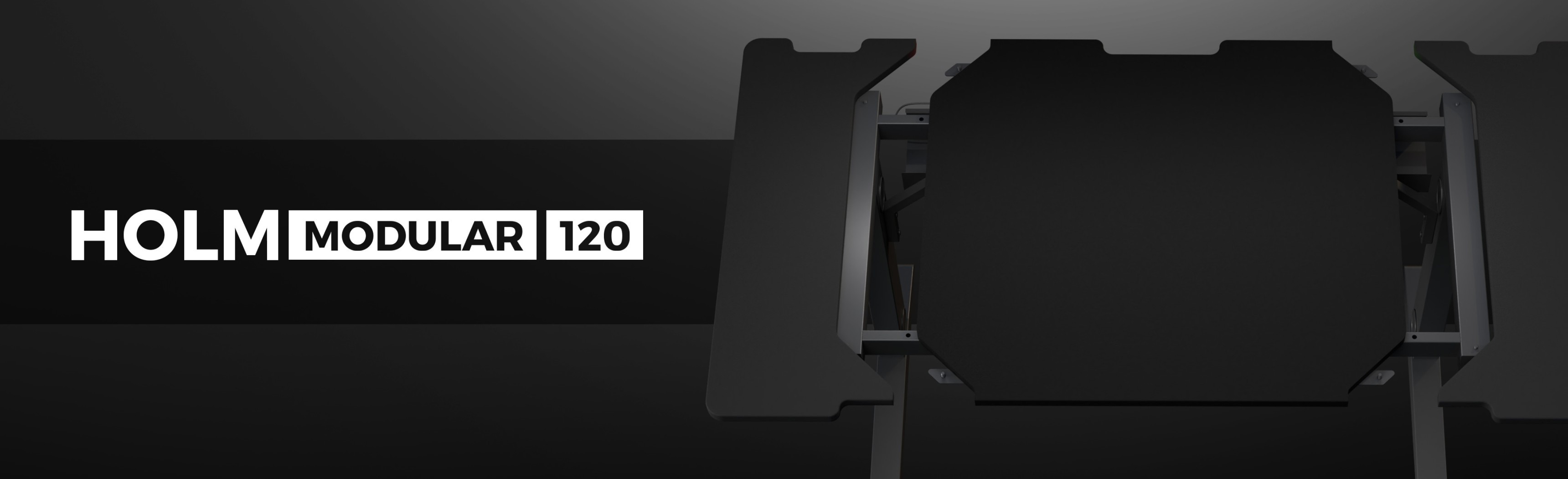Modularer Gaming-Schreibtisch im eleganten schwarzen Design mit der Aufschrift "HOLM MODULAR 120", der seine moderne und funktionale Struktur zeigt