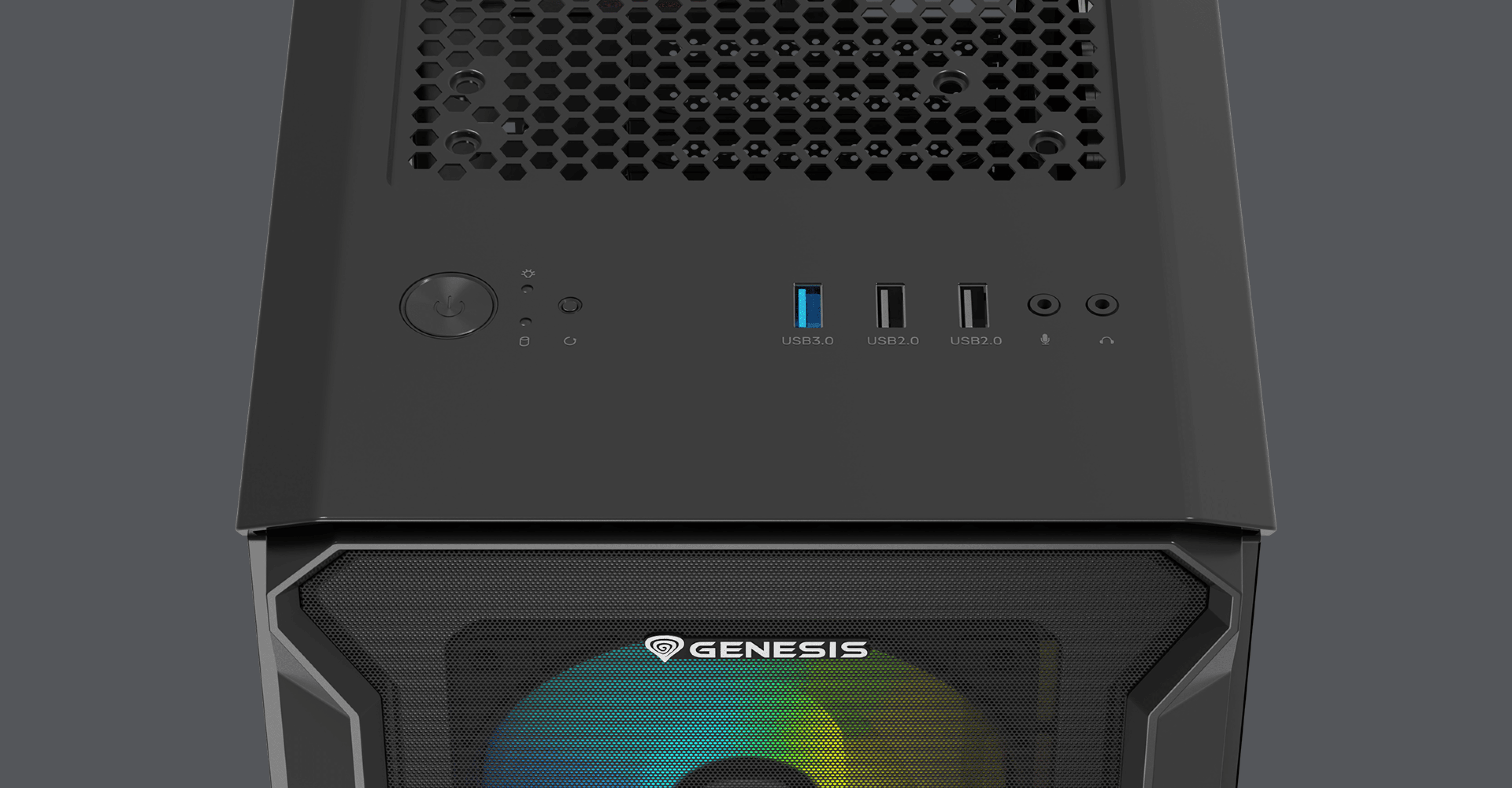 Schwarzes Genesis Irid 503 ARGB V2 MATX Mini-Tower-Gehäuse mit Klarsichtfenster und mehreren Front-I/O-Anschlüssen