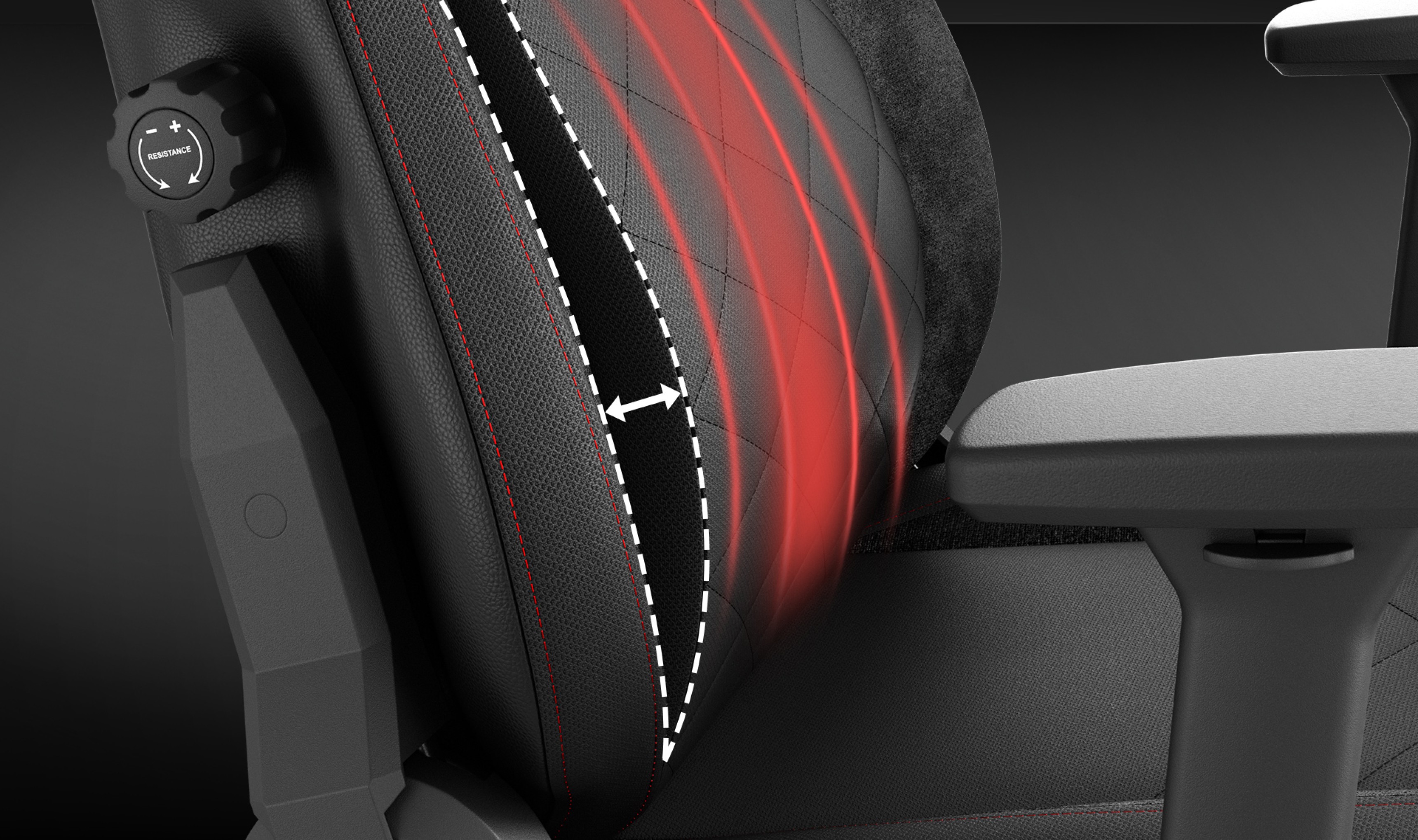 Nahaufnahme des Genesis Nitro 890 G2 Gaming-Stuhls, die das schwarz-rote ergonomische Design mit detaillierten Nähten hervorhebt