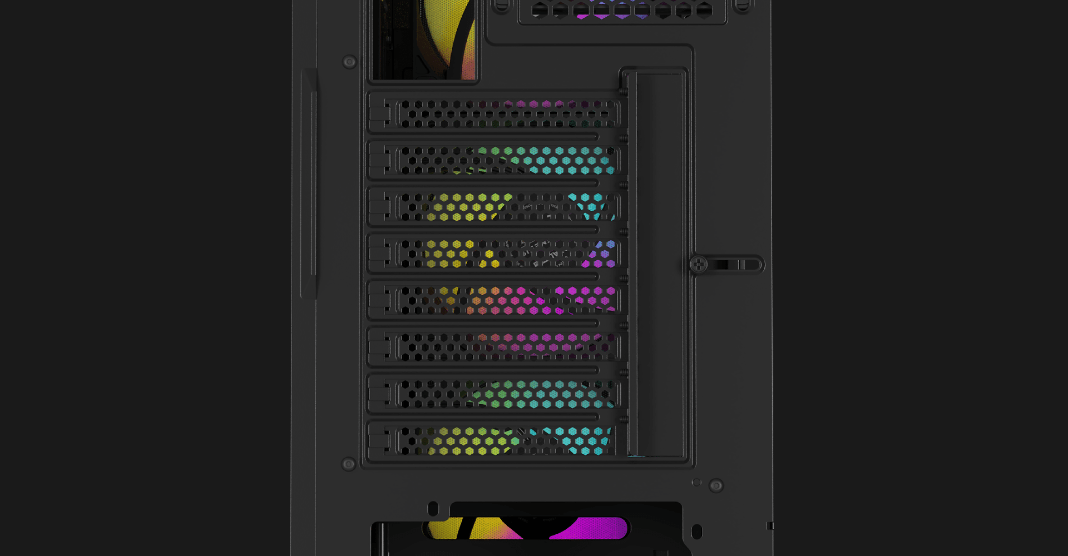 Schwarzes Mid-Tower PC-Gehäuse mit einer RGB-Lüfteranzeige und mehreren Erweiterungssteckplätzen. Verfügt über eine verglaste Seitenwand