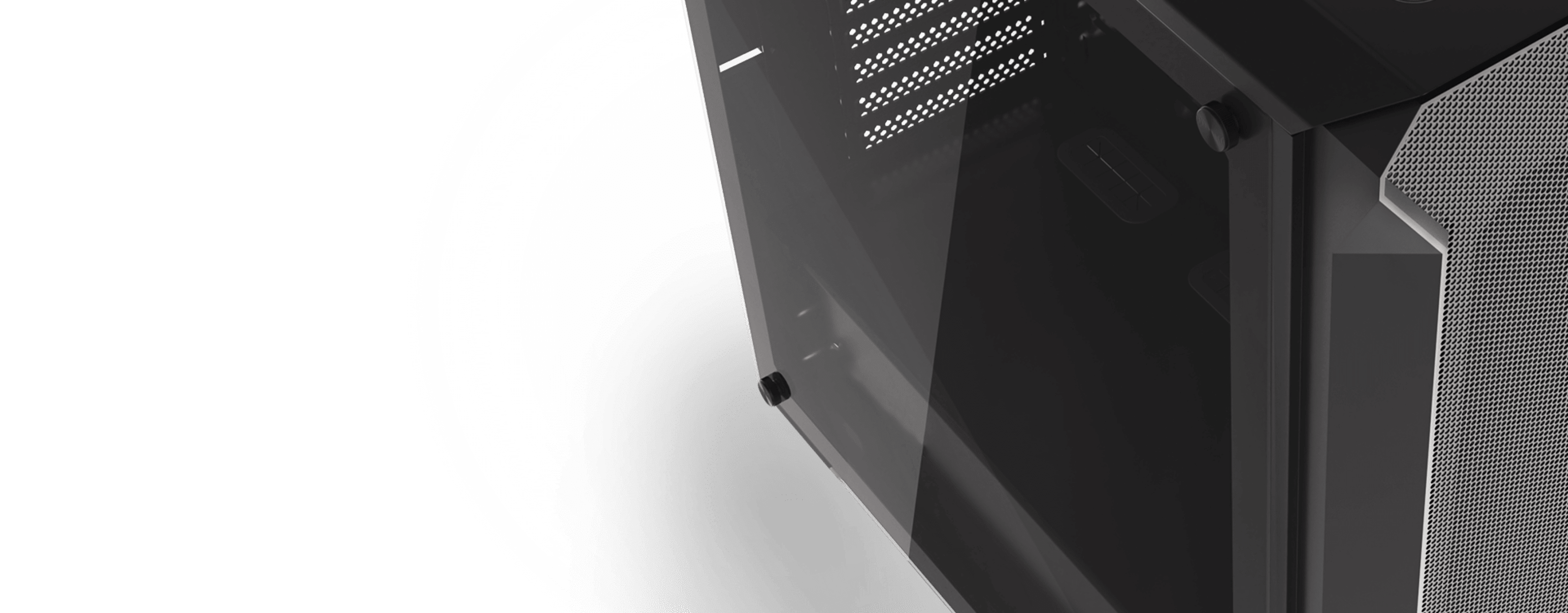 Schwarzes Genesis Irid 505 V2 MIDI-Tower-Gehäuse mit transparentem Seitenfenster und Netzbelüftungsdetails