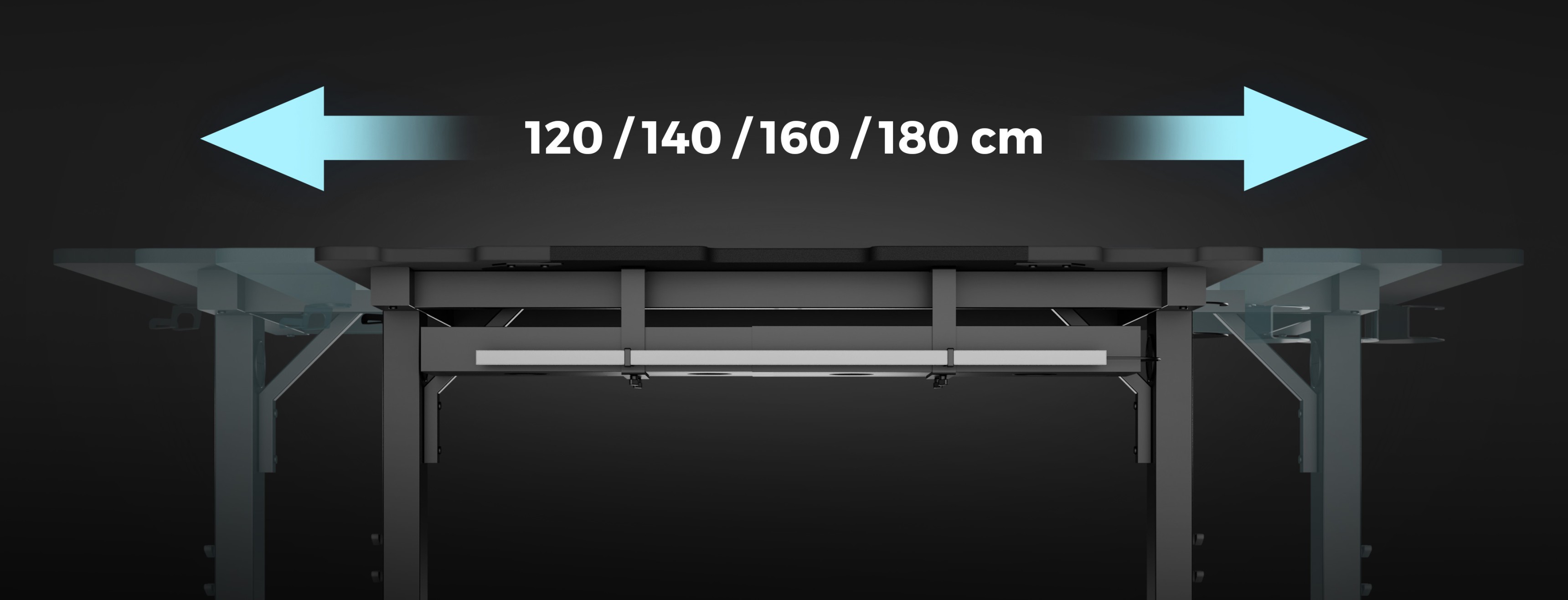 Modularer Gaming-Schreibtisch mit einstellbarer Breite von 120, 140, 160 oder 180 cm, mit stabilem Rahmen und schlankem Design