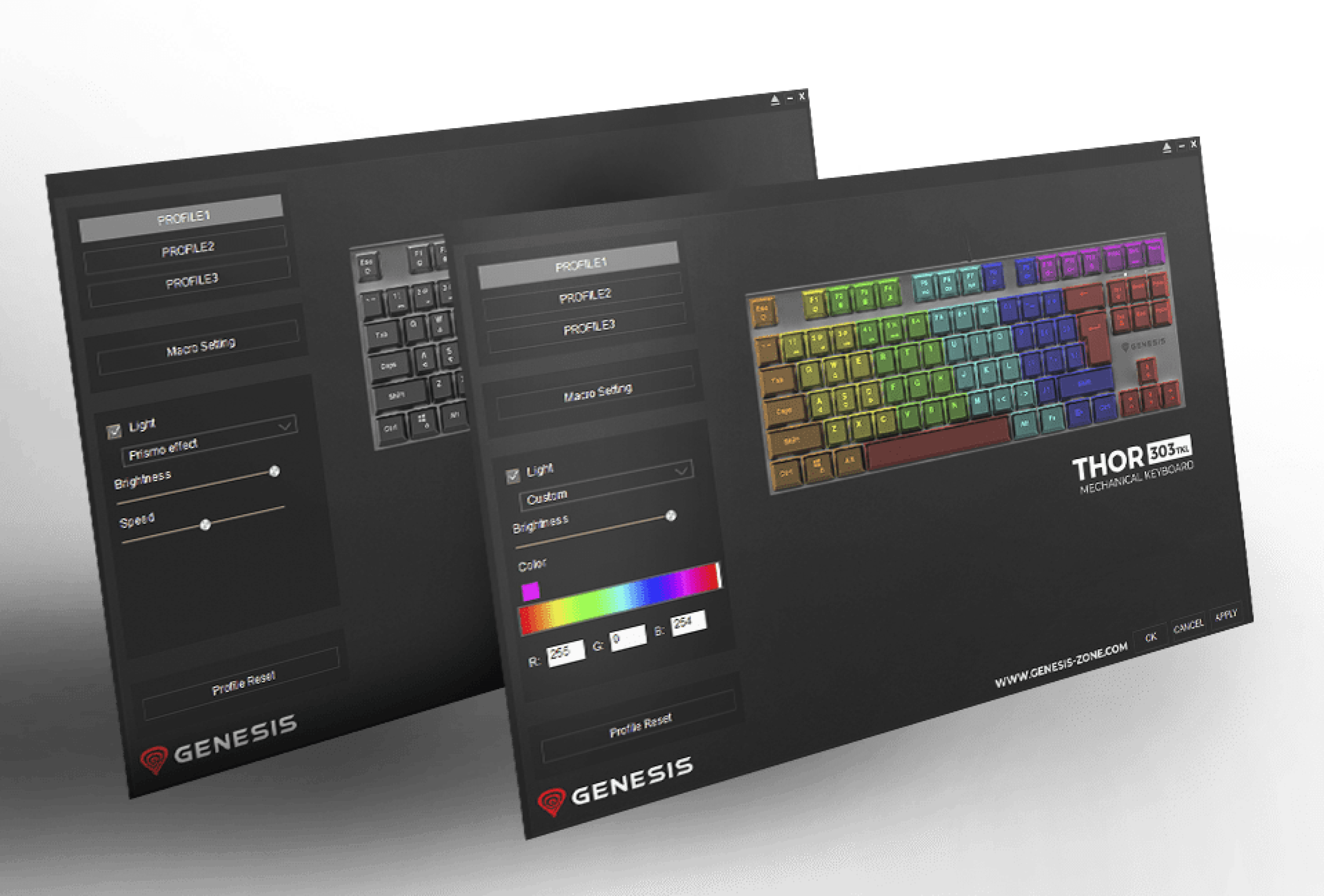 Mechanische Gaming-Tastatur Genesis Thor 303 TKL mit RGB-Hintergrundbeleuchtung und Silent-Switches, angezeigt mit Anpassungsoptionen