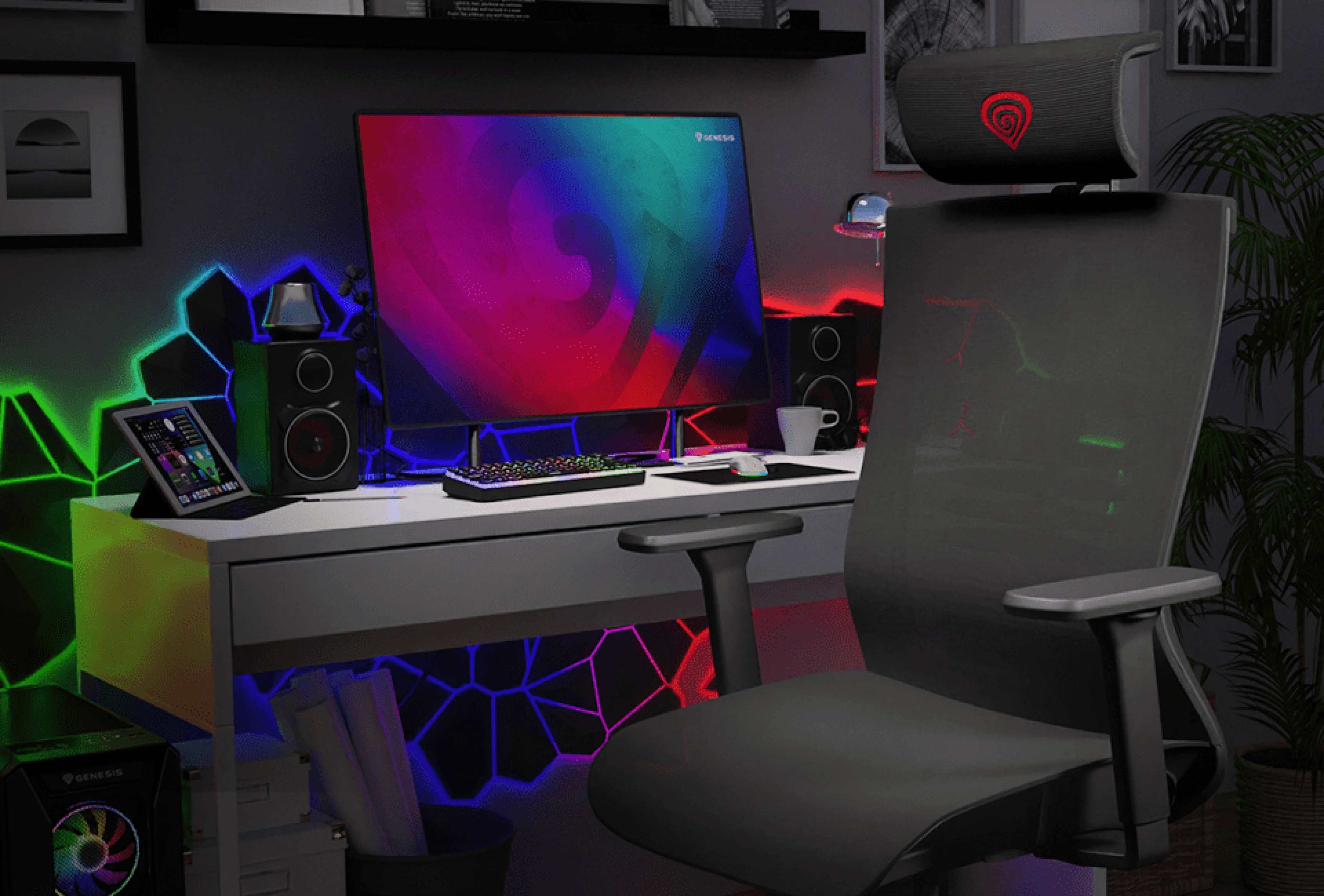 Ergonomischer schwarzer Gaming-Stuhl an einem stilvollen Arbeitsplatz mit einem großen Monitor, bunten Lichtern und technischem Zubehör