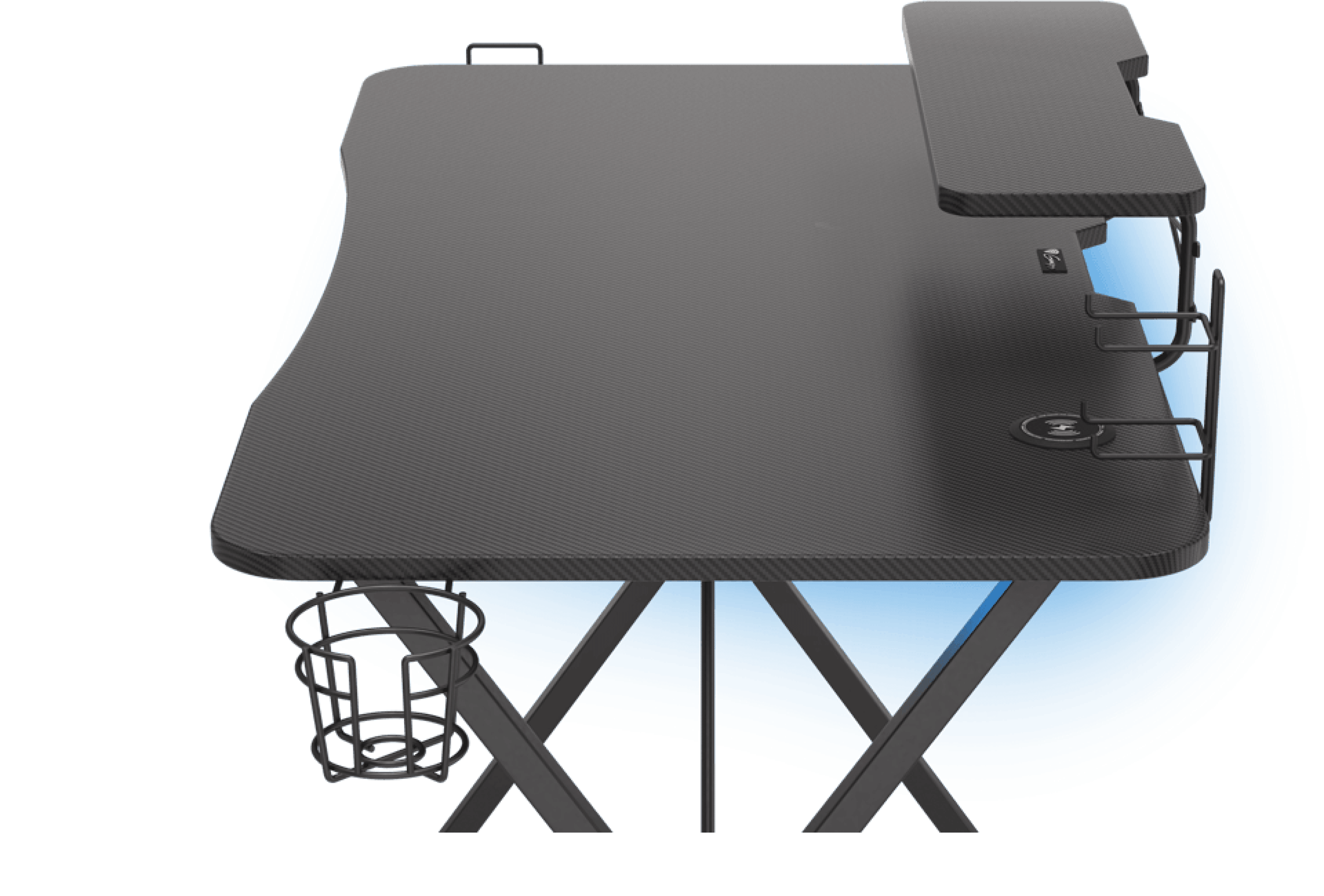 Schwarzer Gaming-Tisch mit RGB-Beleuchtung, gebogener Tischplatte, Becherhalter und Zubehörhaken für Gaming-Setup