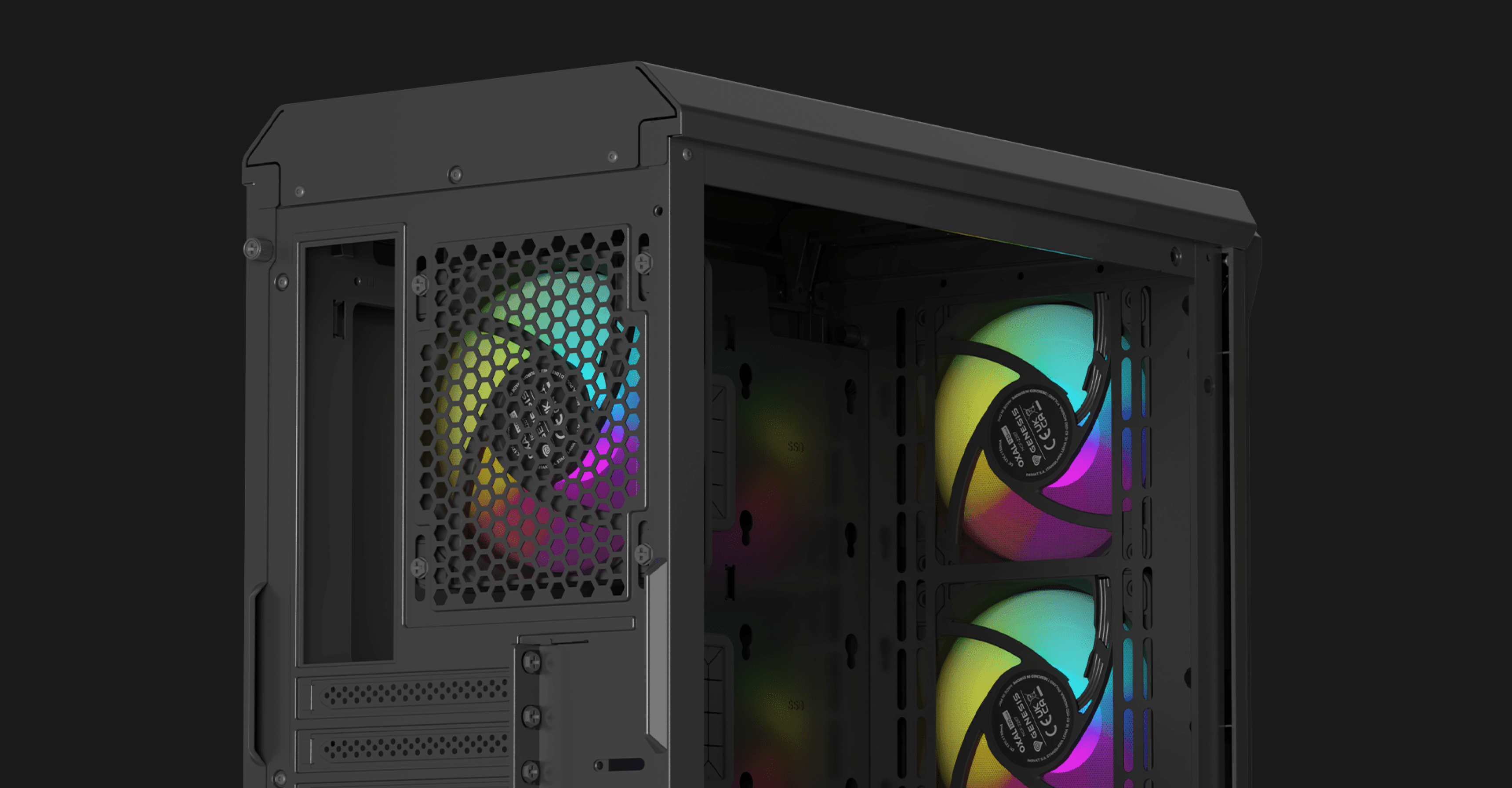 Schwarzes MATX Mini-Tower-Gehäuse mit einem Seitenfenster und RGB-Lüftern im Inneren für eine lebendige Beleuchtung