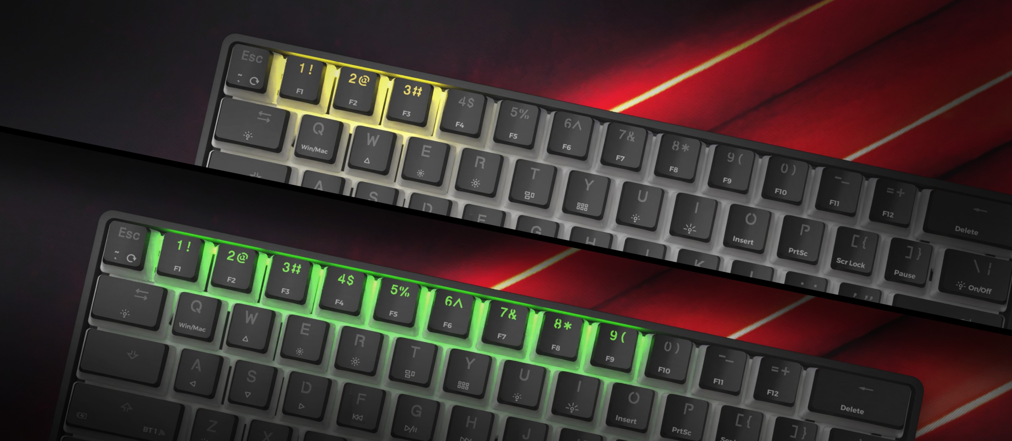 Schwarze mechanische RGB-Gaming-Tastatur mit Gateron Red-Schaltern, die anpassbare Lichteffekte anzeigen