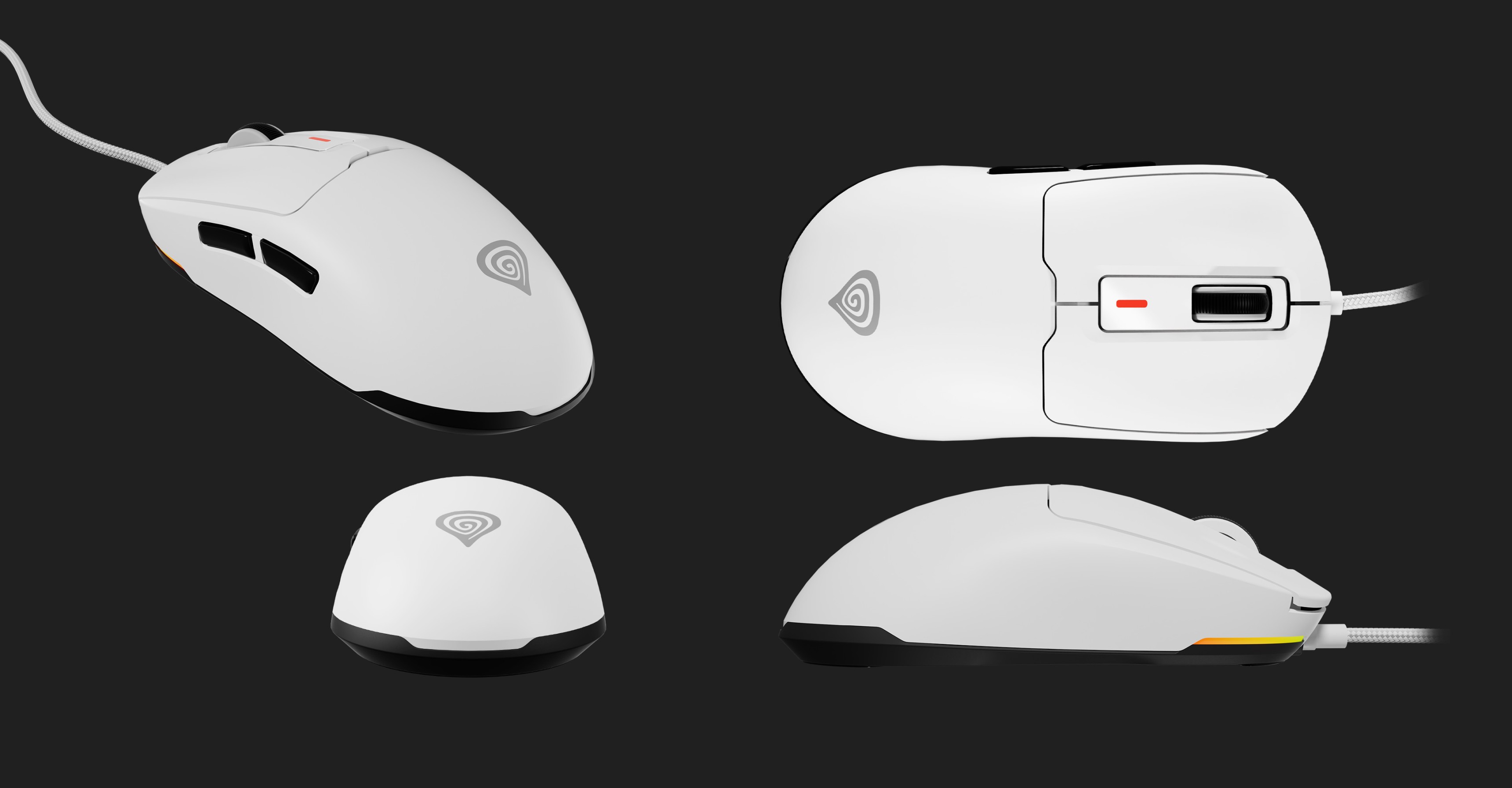 Weiße Gaming-Maus mit RGB-Beleuchtung, mit programmierbaren Tasten und einem 12.000 DPI-Sensor, aus mehreren Blickwinkeln gezeigt
