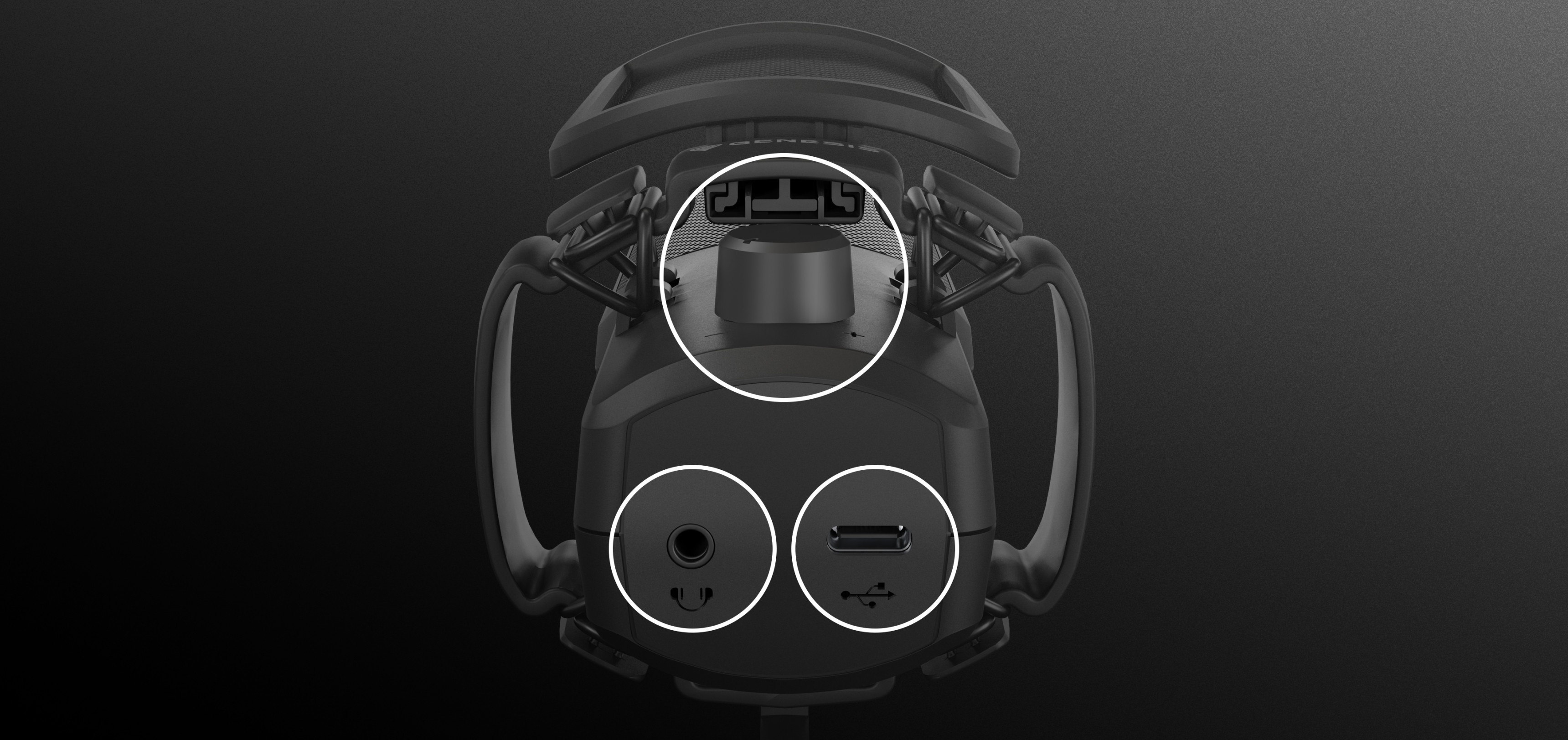 Nahaufnahme der Unterseite des Genesis Radium 250 USB-Mikrofons mit den Anschlüssen einschließlich USB und Audioausgang