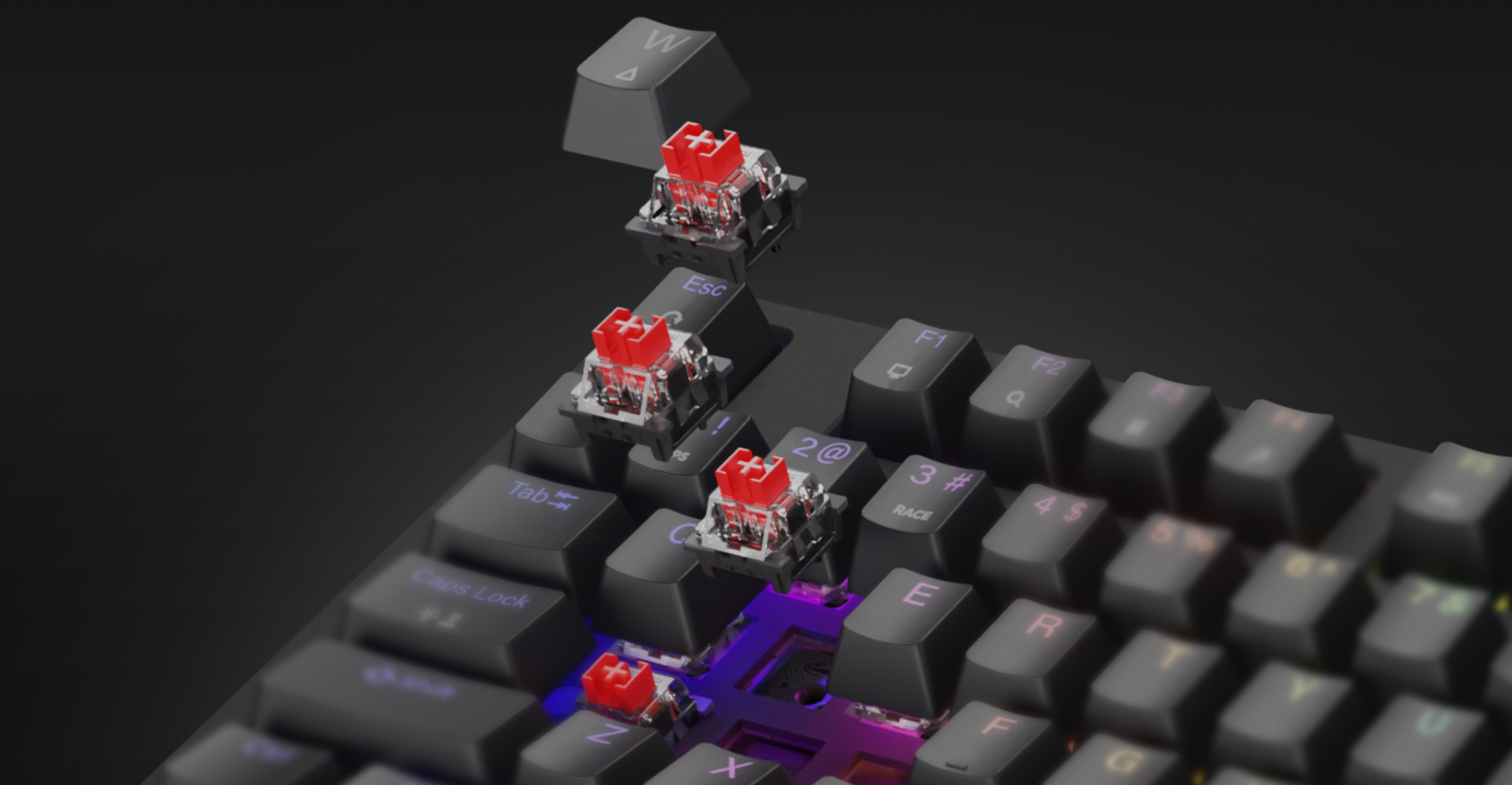 Mechanische Gaming-Tastatur mit roten Schaltern und Regenbogen-RGB-Beleuchtung, die Hot-Swap-fähige Tastenkappen und Schalter präsentiert