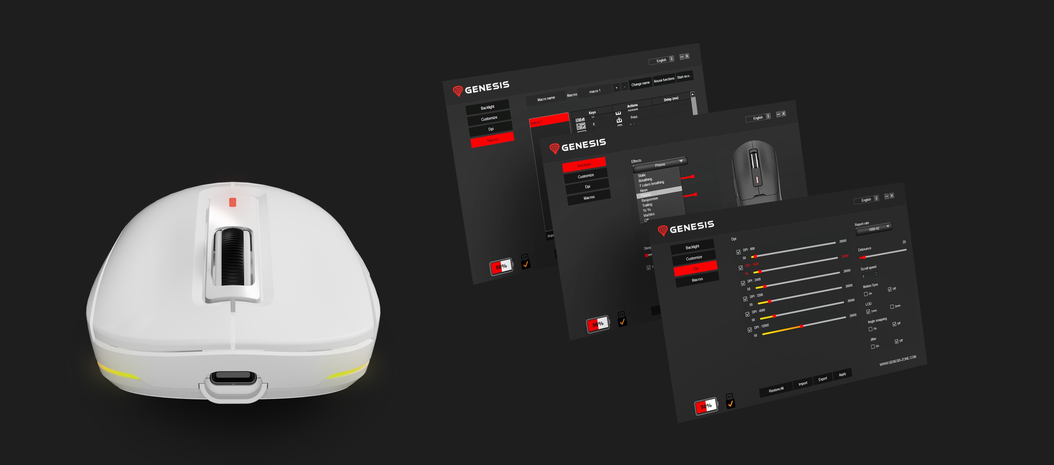 Kabellose Gaming-Maus Genesis Zircon 660 Pro in Weiß mit DPI-Einstellungen, die auf einem schwarzen Hintergrund angezeigt werden