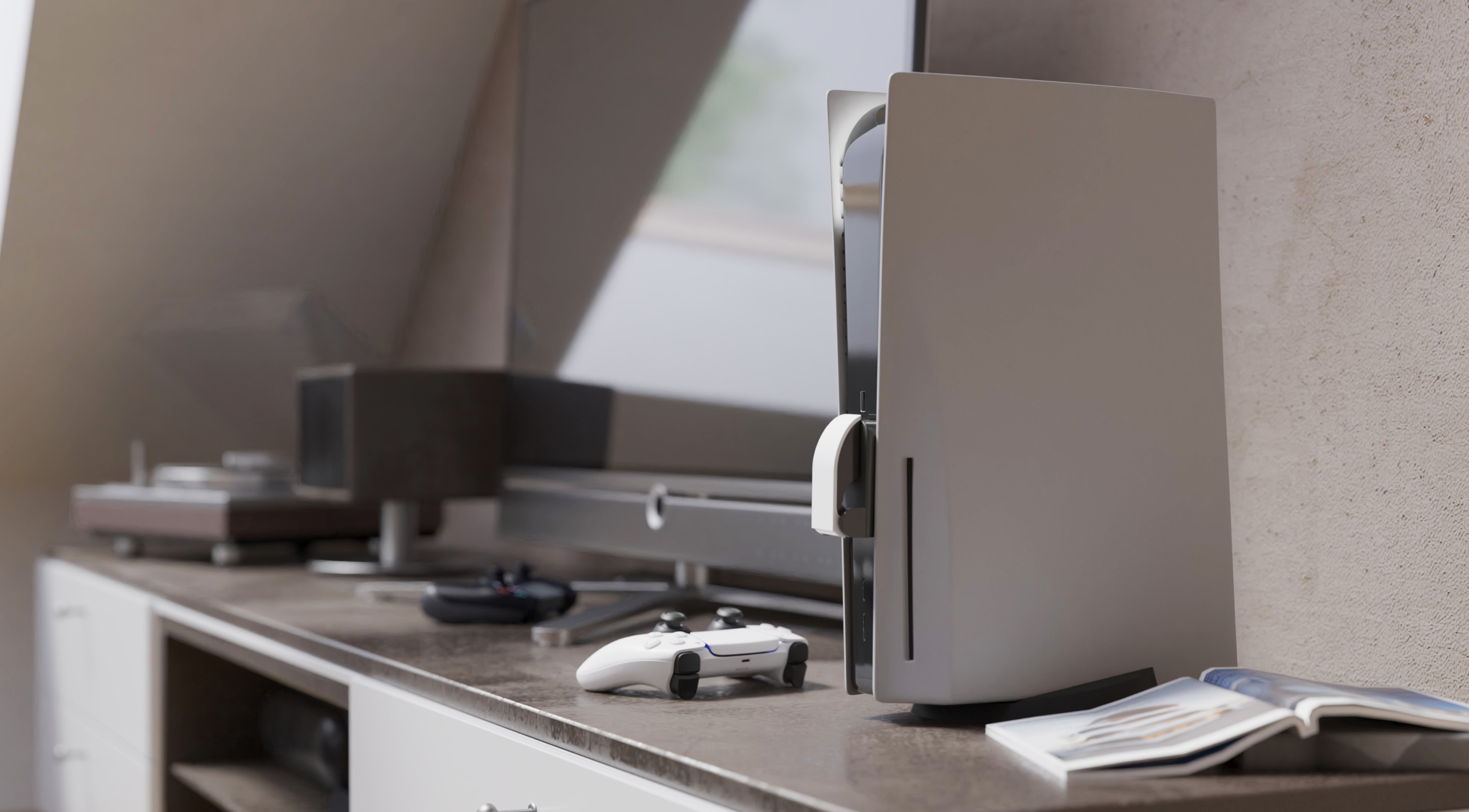 Ladegerät für Genesis Tin 300 Dual-Controller-Ladestation für PS5, ausgestellt auf einem modernen Entertainment-Center