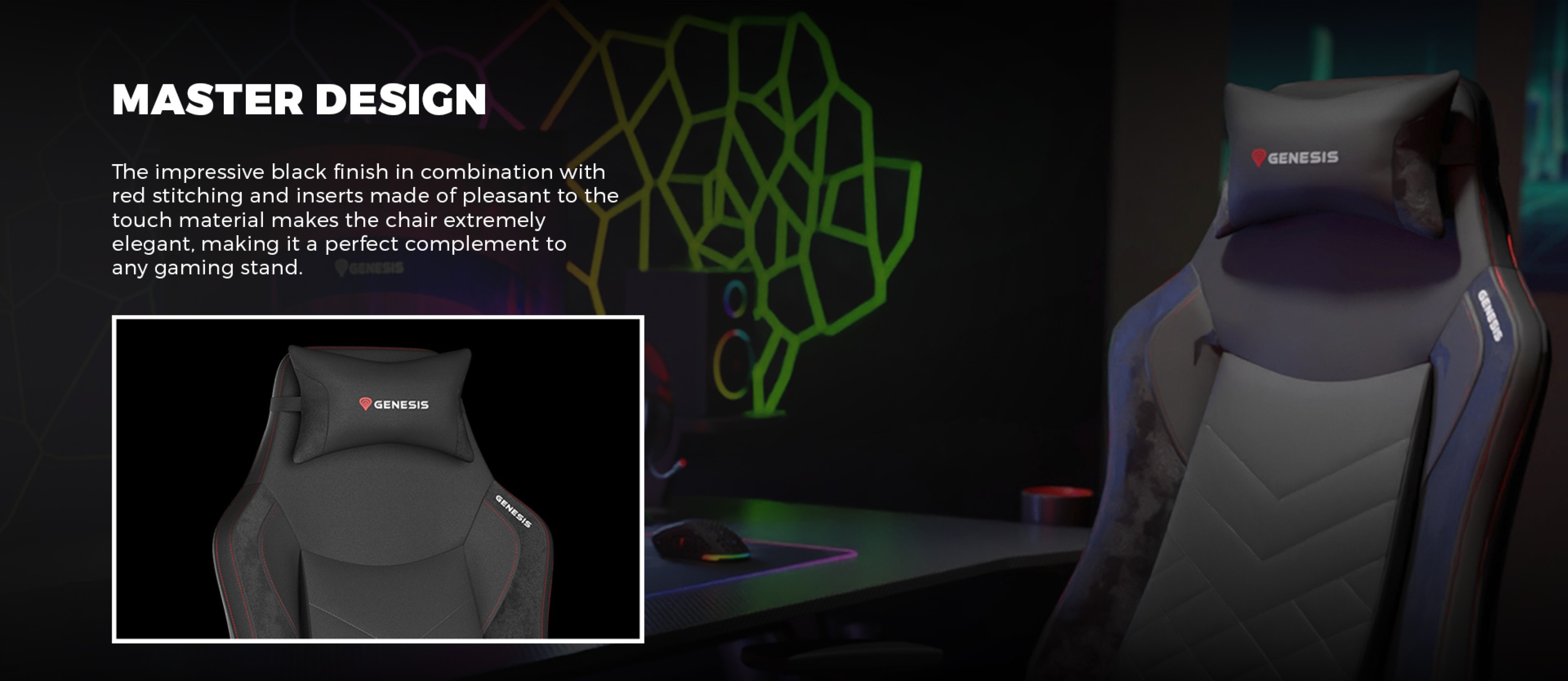 Schwarzer Gaming-Stuhl mit roten Nähten und elegantem Design, geeignet für jedes Gaming-Setup