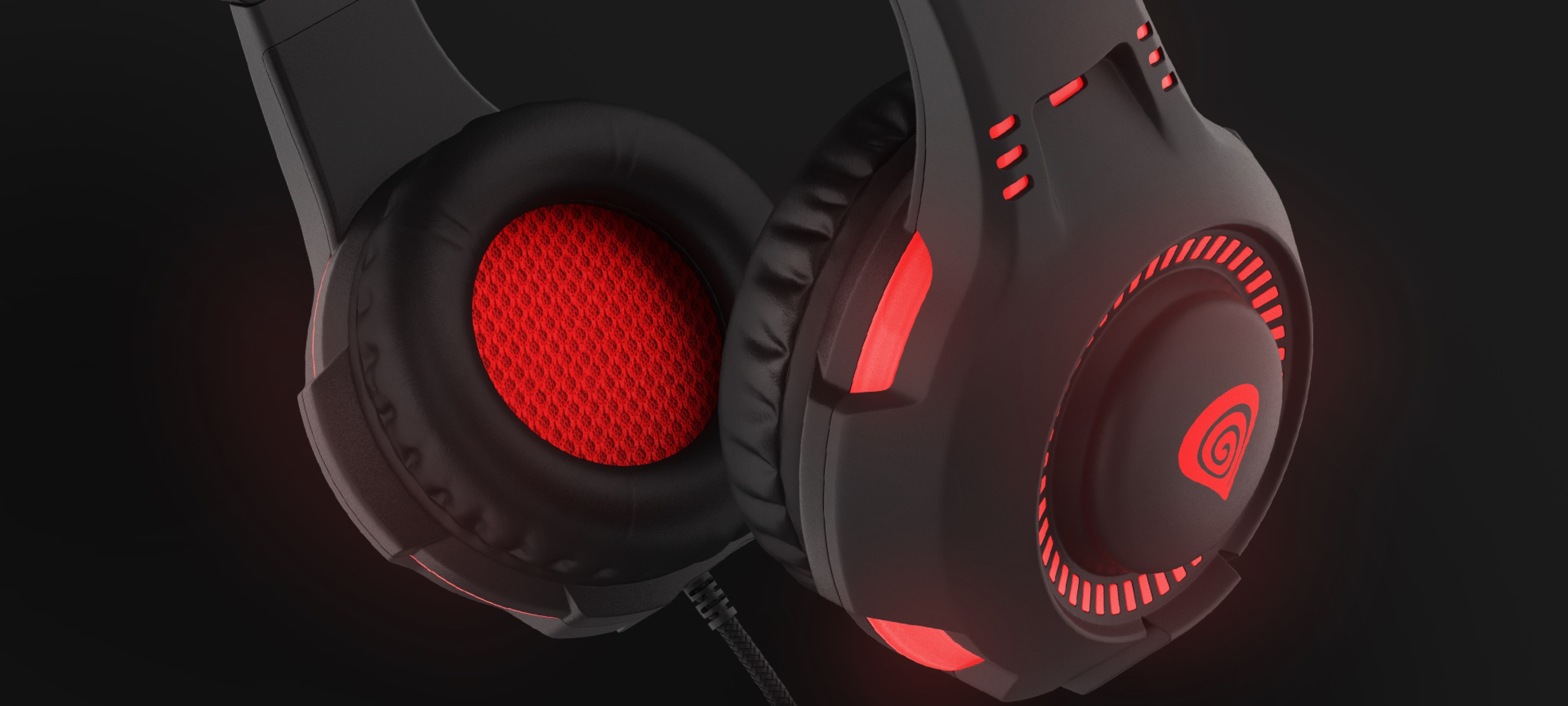Schwarzer und roter Genesis Radon 210 7.1 USB Gaming-Kopfhörer mit Mikrofon und beleuchteten Elementen