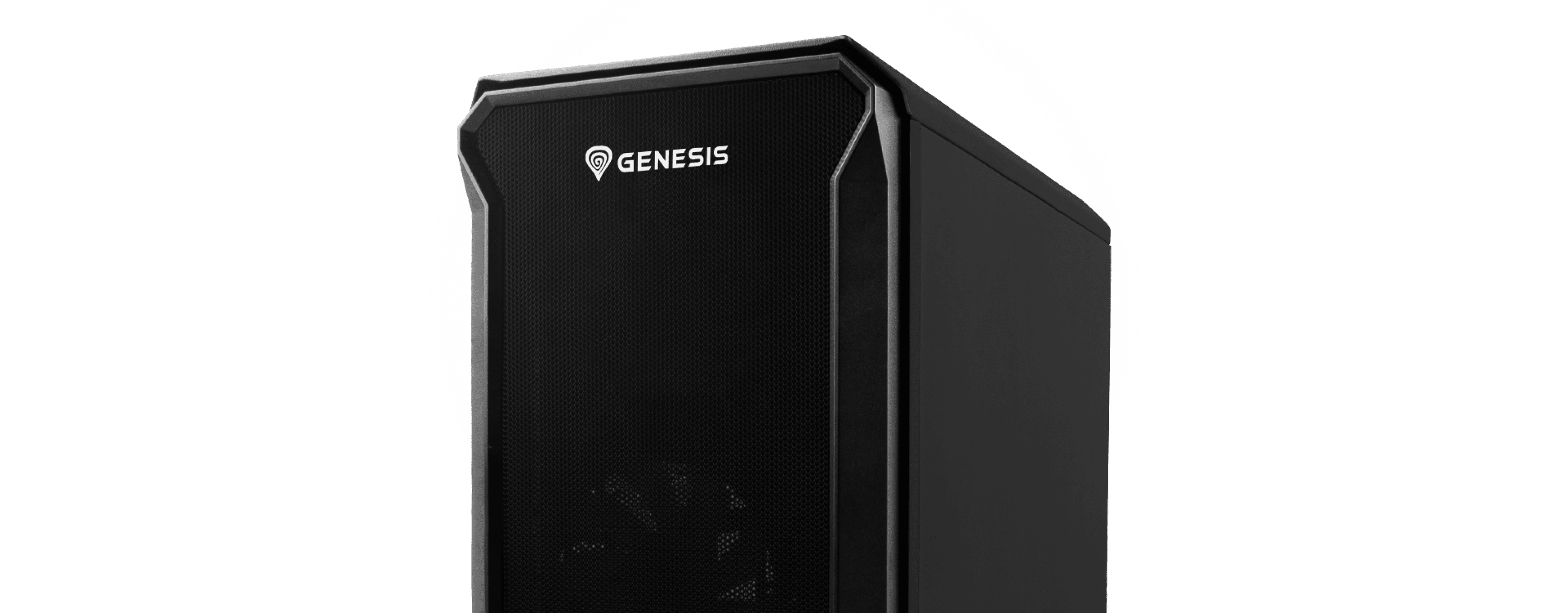 Schwarzes Genesis Irid 503 V2 MATX Mini-Tower-Gehäuse mit transparentem Seitenteil und Logo auf der Vorderseite