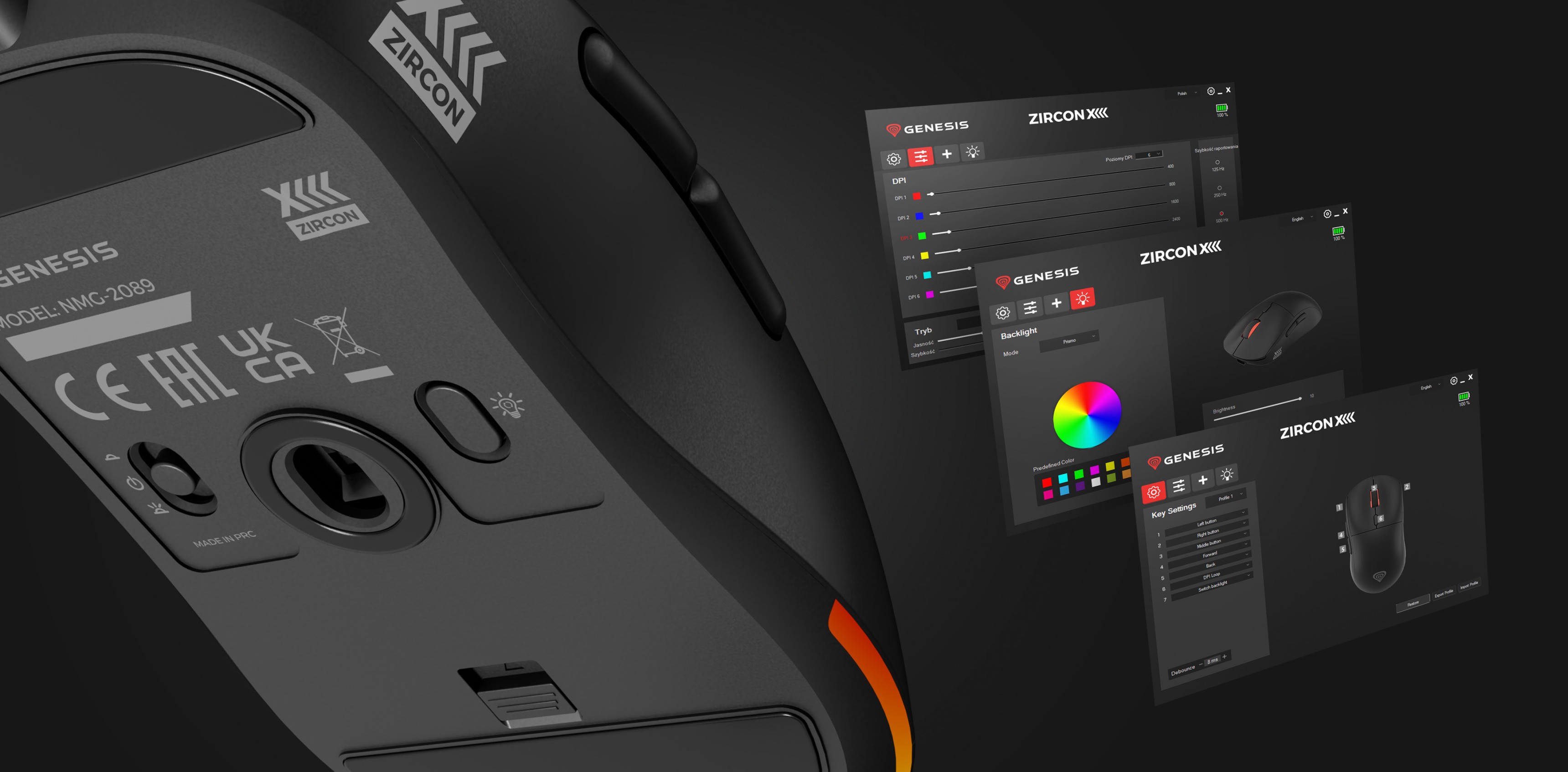 Kabellose Gaming-Maus mit anpassbaren Einstellungen und einem DPI-Wert von bis zu 26000. Inklusive Software-Schnittstelle, die auf dem Bildschirm angezeigt wird