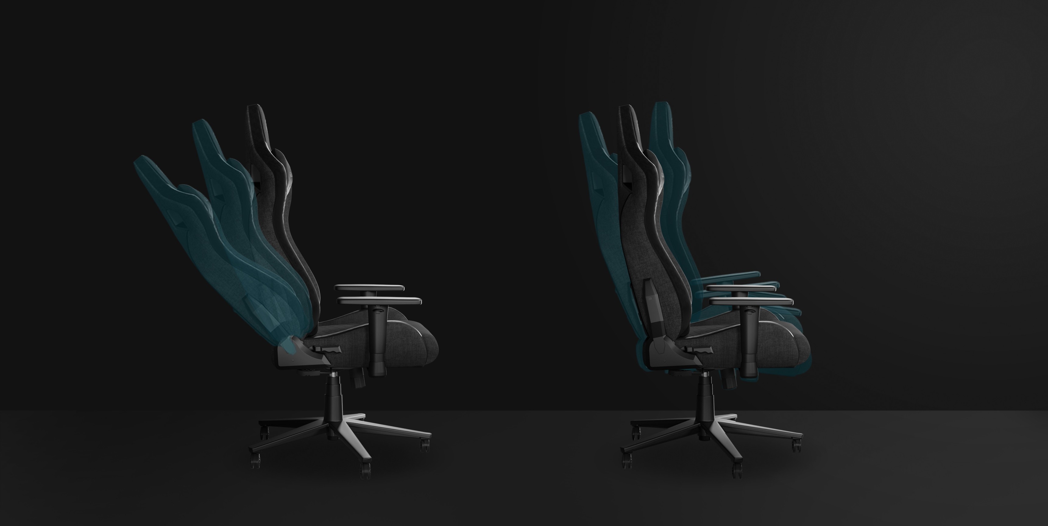 Gaming-Stuhl Genesis Nitro 660 in Grau, präsentiert in zwei Liegepositionen vor einem dunklen Hintergrund