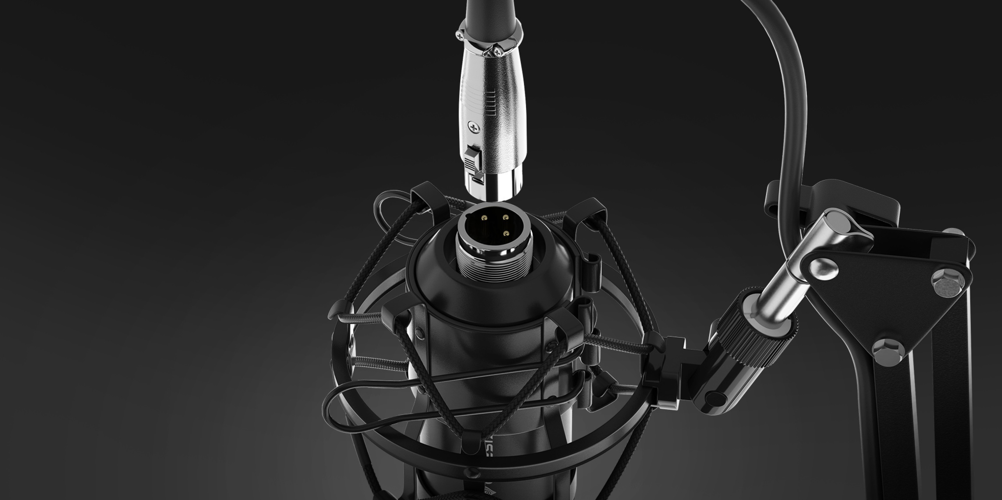 Nahaufnahme des Genesis Radium 300 Studiomikrofons mit XLR-Anschluss und Poppfilter, montiert auf einem stabilen Arm