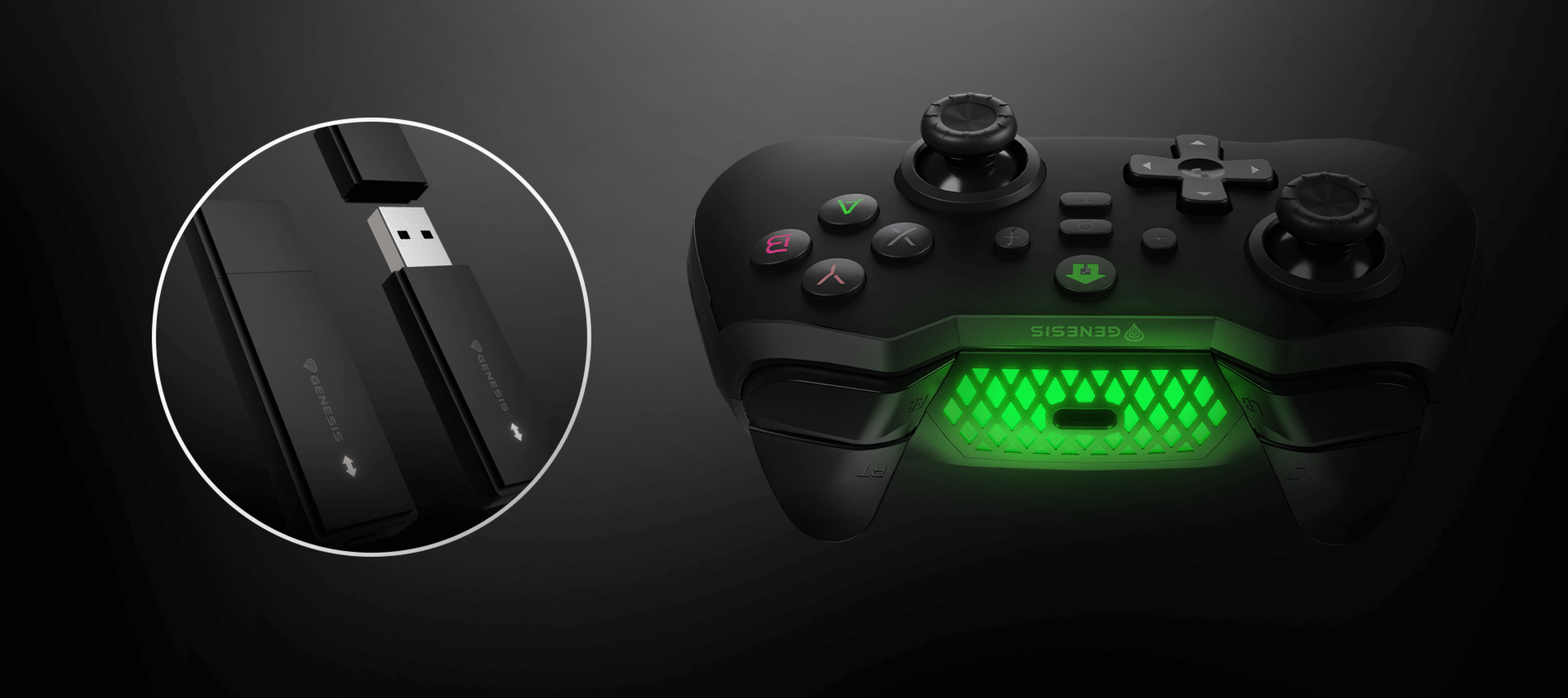 Kabelloses Gamepad Genesis Mangan 400 in Schwarz mit bunten LED-Leuchten und einem USB-Empfänger für PC, Switch und mobile Geräte