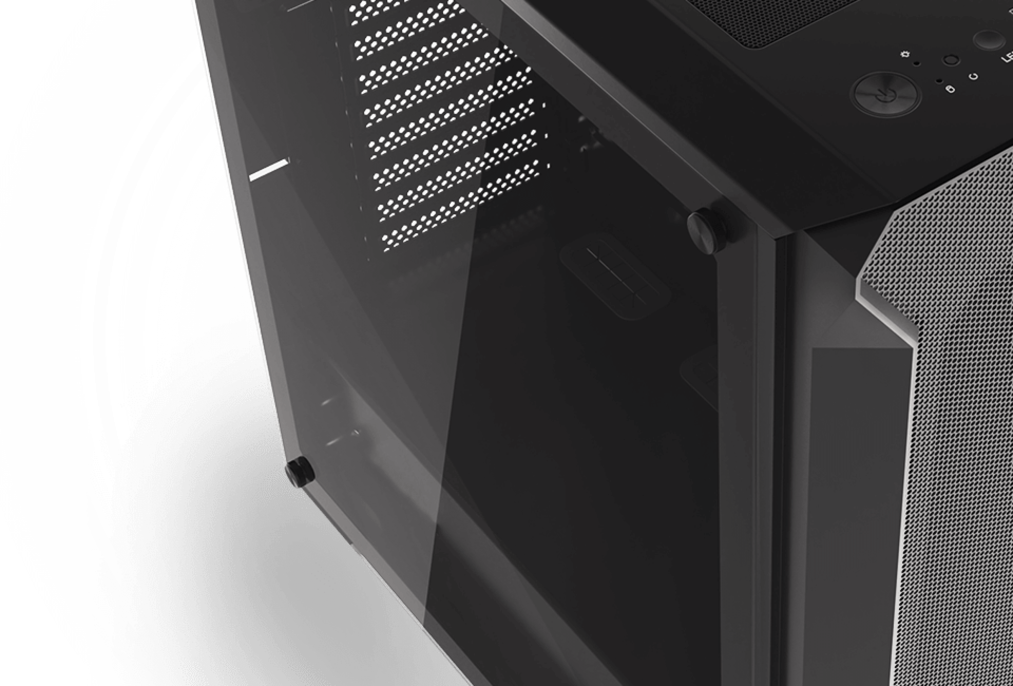 Schwarzes Genesis IRID 505 V2 MIDI-Tower-Gehäuse mit transparentem Seitenfenster und belüfteter Frontplatte
