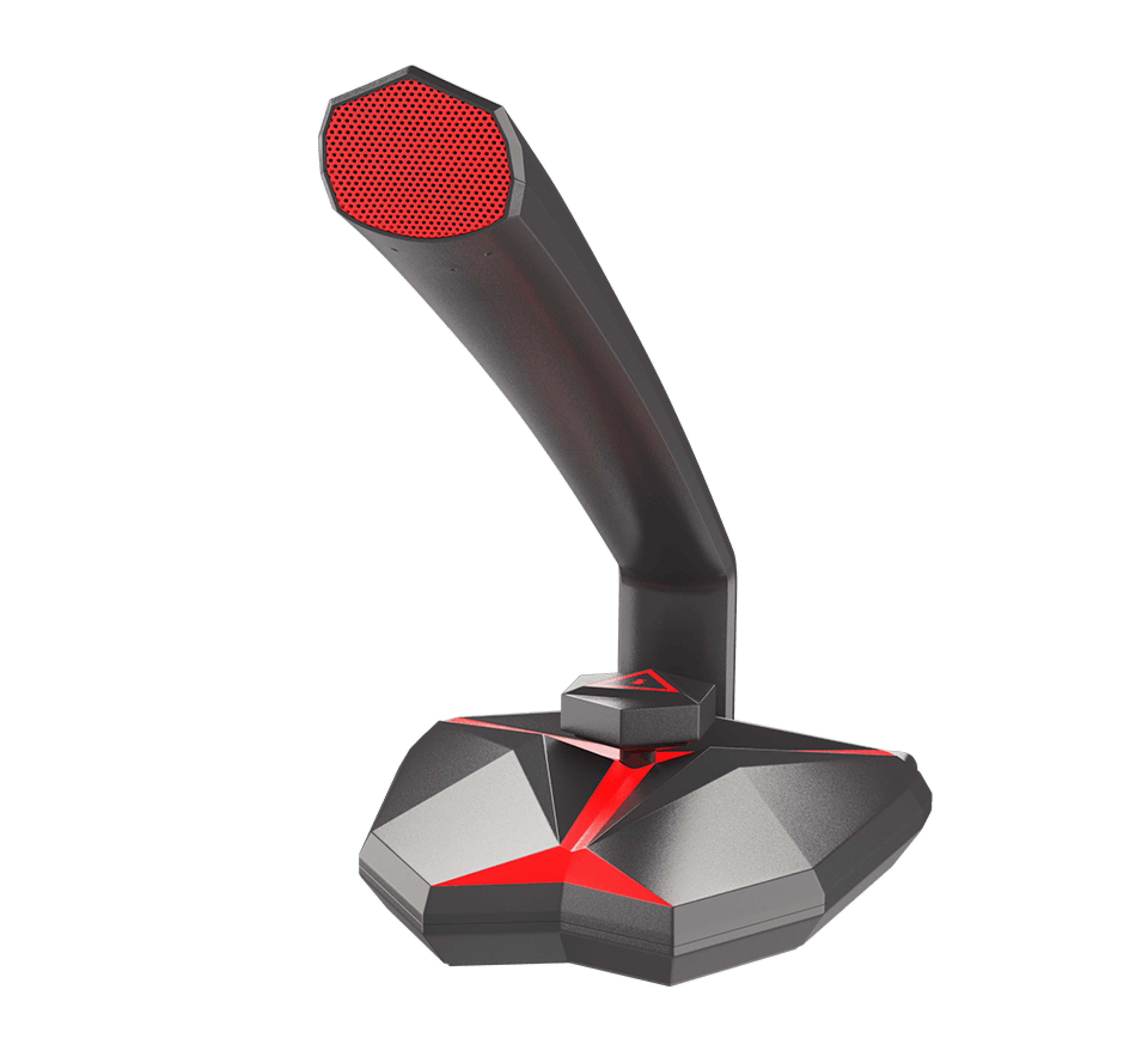 Schwarzes und rotes Genesis Radium 200 Mikrofon mit schlankem, kantigem Design und einem markanten Mesh-Gitter auf der Oberseite