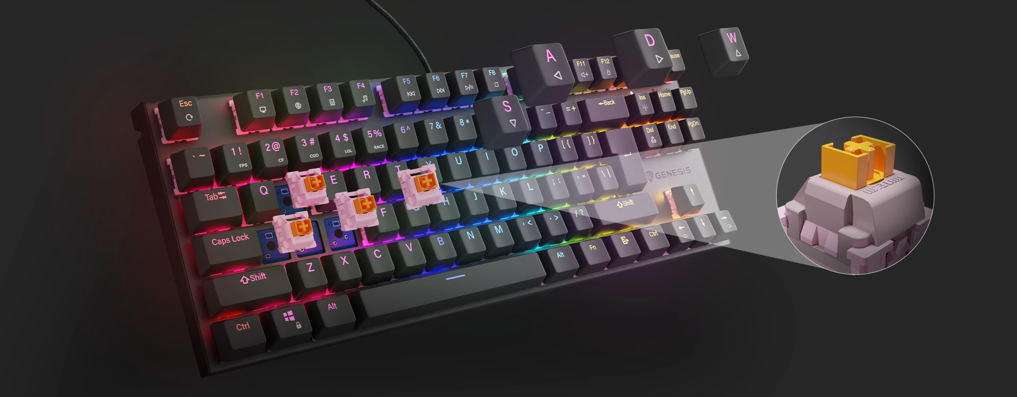Mechanische RGB-Gaming-Tastatur Genesis Thor 303 TKL, mit geräuschlosen Schaltern und hervorgehobenen Tasten