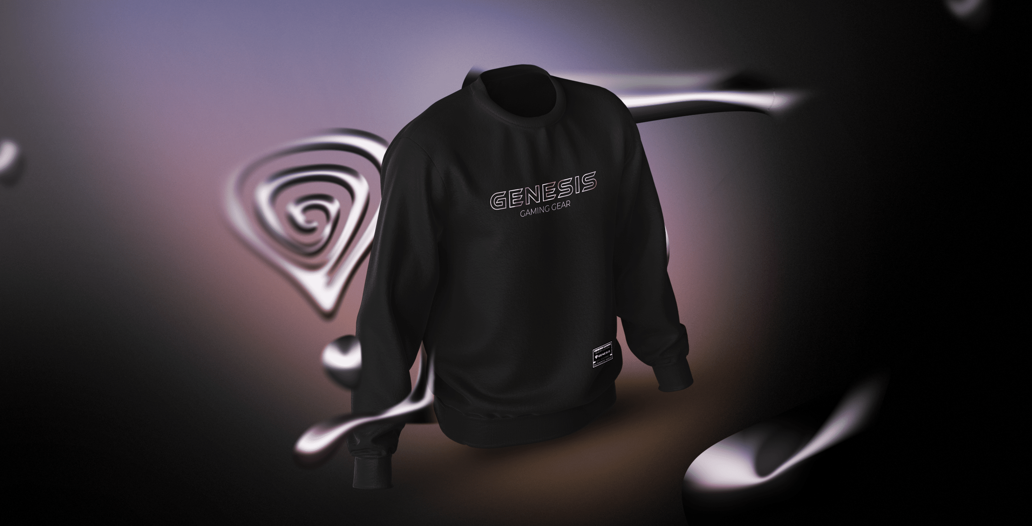 Schwarzes Sweatshirt mit dem Wort "GENESIS" in fetten Lettern vor einem glatten, abstrakten Hintergrund