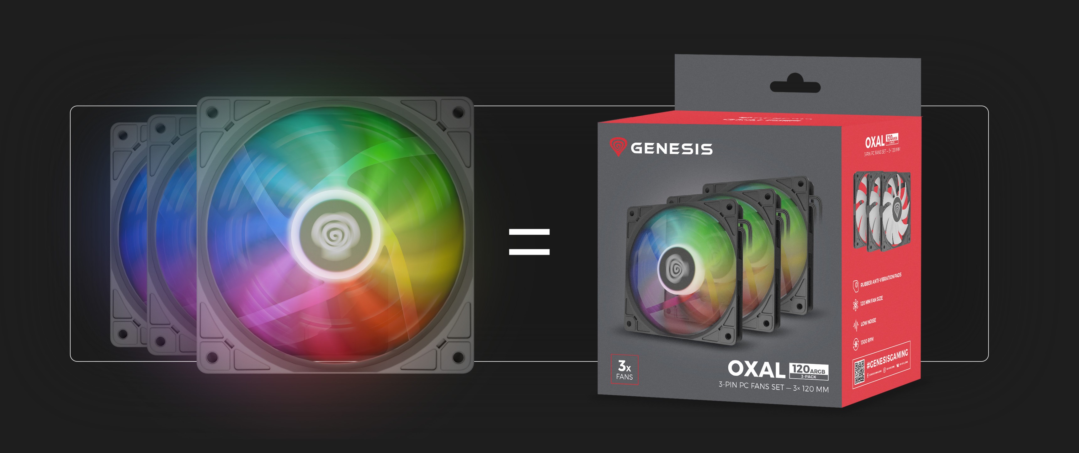 Drei schwarze Genesis Oxal 120 ARGB-Lüfter mit lebendigen Lichteffekten neben ihrer Verpackung
