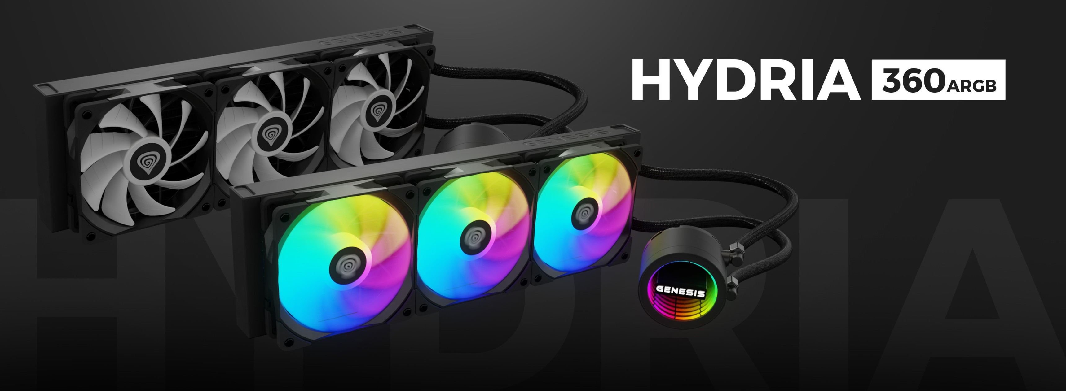 Wasserkühlsystem Genesis Hydria 360 ARGB in Schwarz, mit drei RGB-Lüftern und einem schlanken Pumpendesign