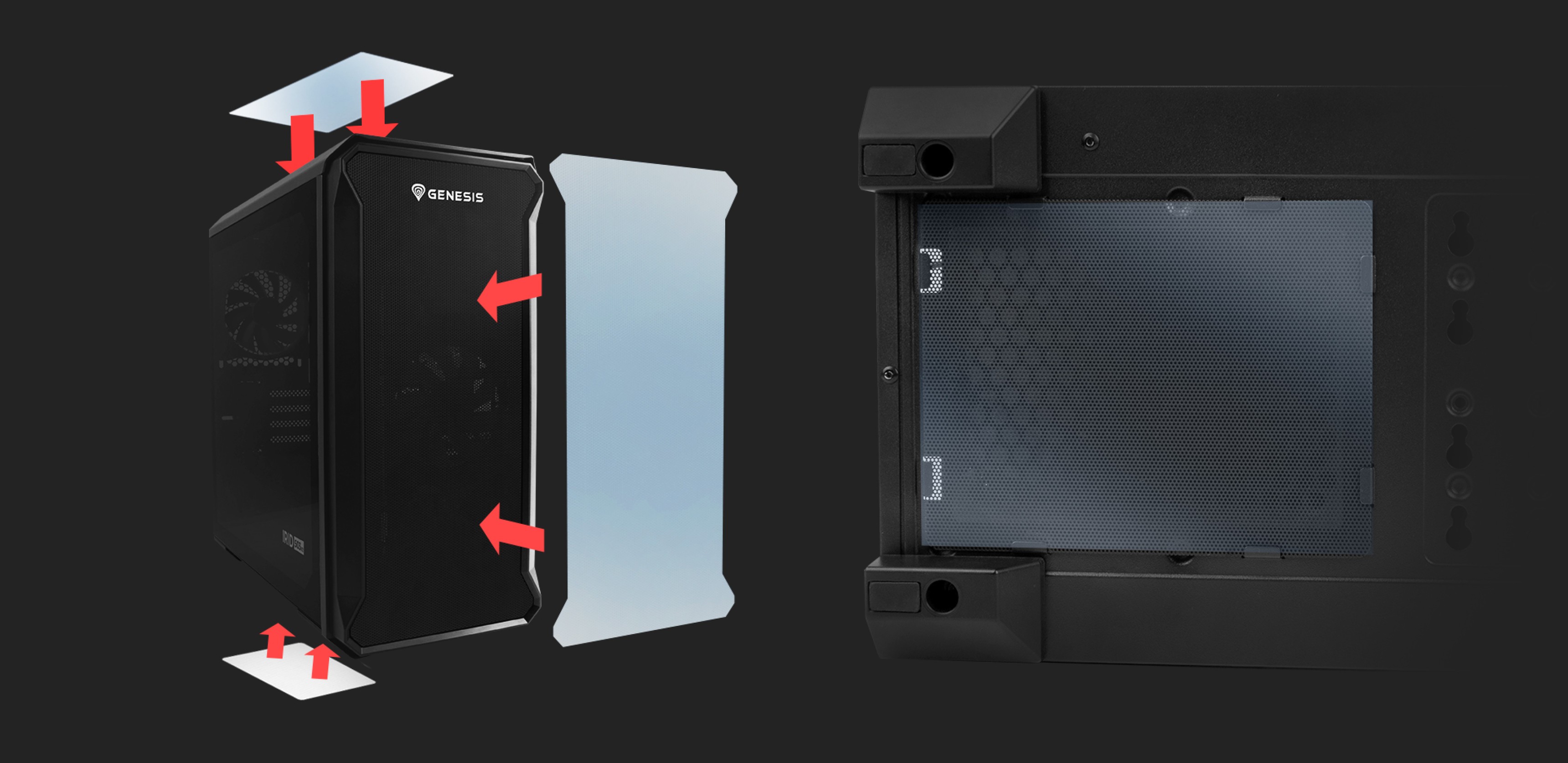Schwarzes Genesis Irid 503 V2 MATX Mini-Tower-Gehäuse, das seine Designmerkmale und eine transparente Seitenwand präsentiert