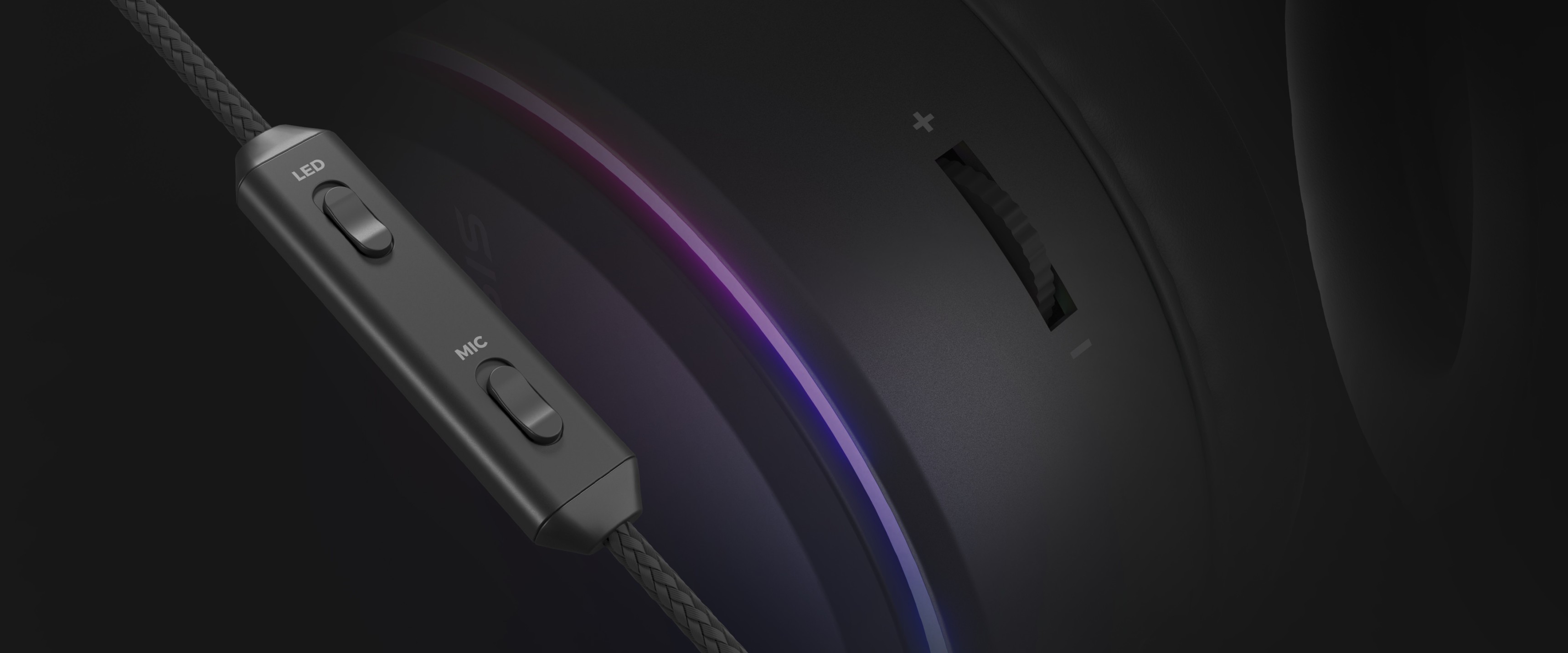 Nahaufnahme des Genesis Neon 613 G2 Gaming-Headsets mit RGB-Beleuchtung und Inline-Bedienelementen für Lautstärke und Mikrofon